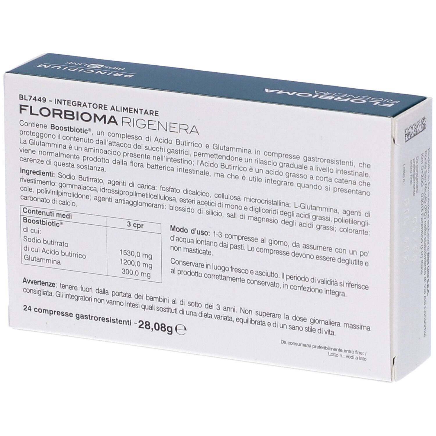 Rückseite der Schachtel FLORBIOMA RIGENERA. Text mit Inhaltsstoffen, Inhaltsangaben und Gebrauchsanweisung. 24 Tabletten.