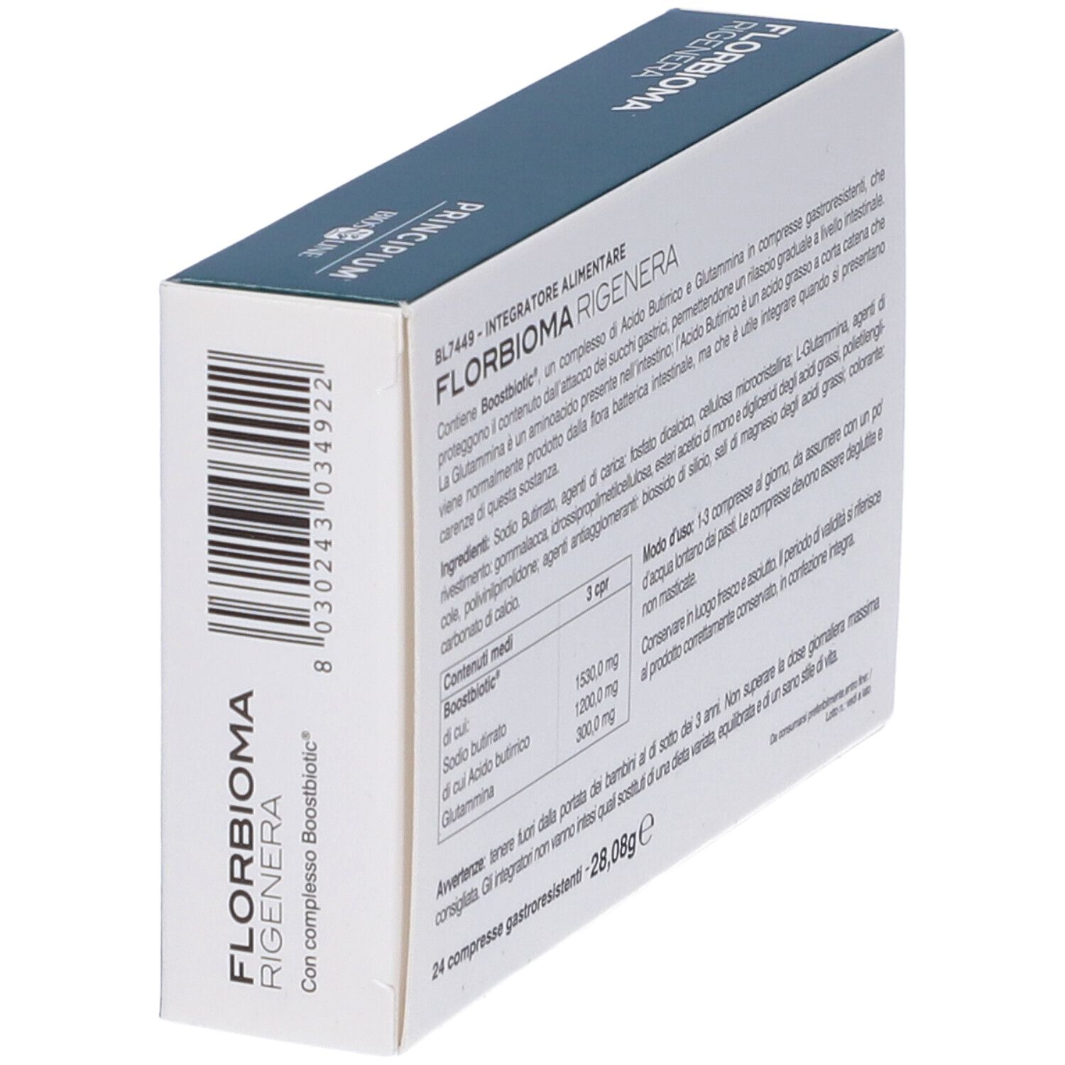 Schachtel FLORBIOMA RIGENERA, Rückseite mit Text, Inhaltsstoffen und Barcode. 24 Tabletten. Marke Principium, Bios Line.