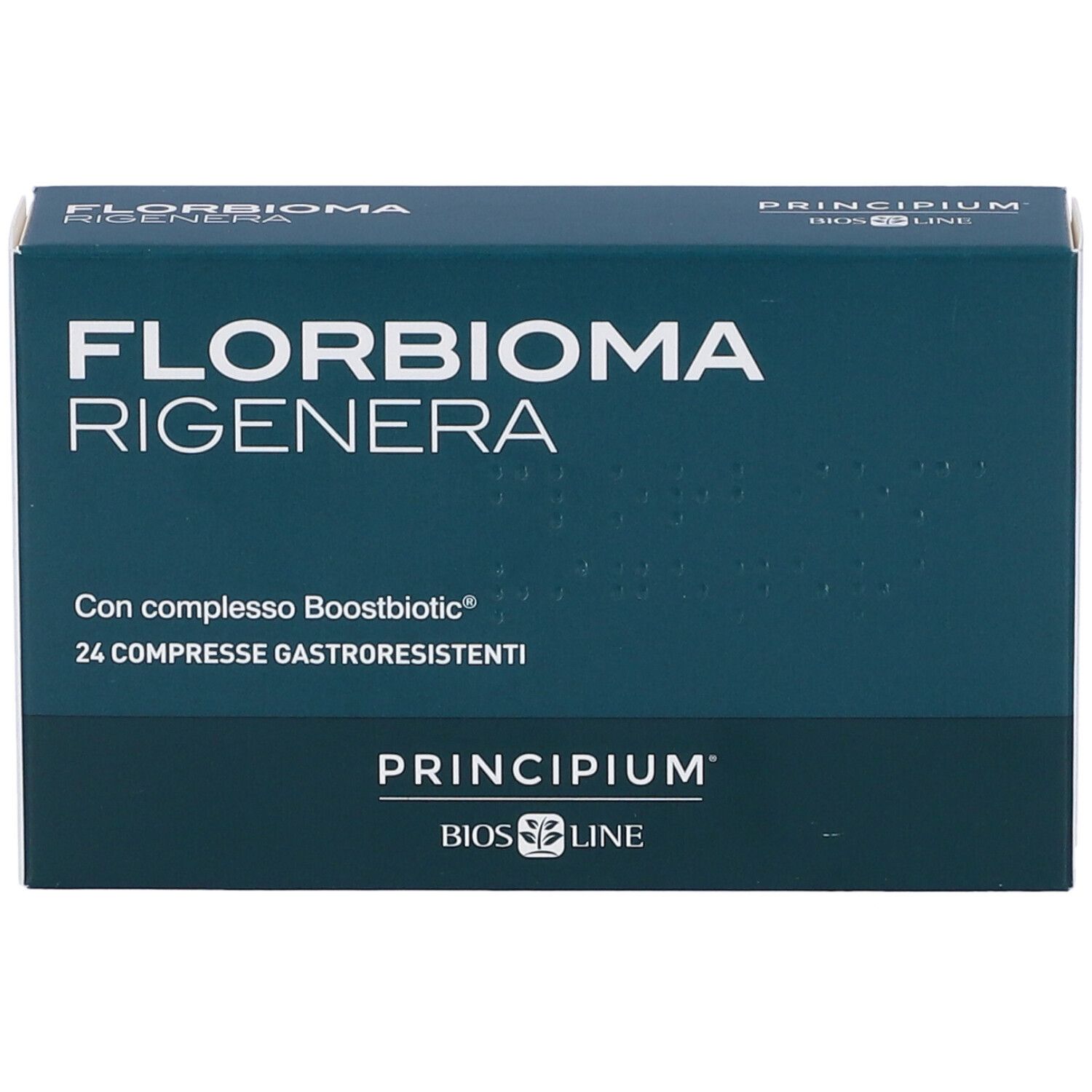 Dunkelblaue Schachtel mit weißer Aufschrift FLORBIOMA RIGENERA, 24 Tabletten. Marke Principium, Bios Line.