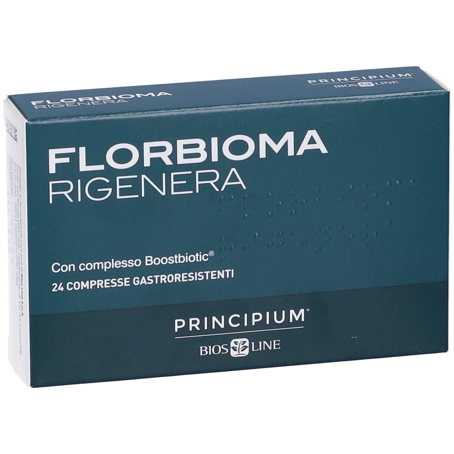 Dunkelblaue Schachtel mit weißer Aufschrift FLORBIOMA RIGENERA, 24 Tabletten. Marke Principium, Bios Line.