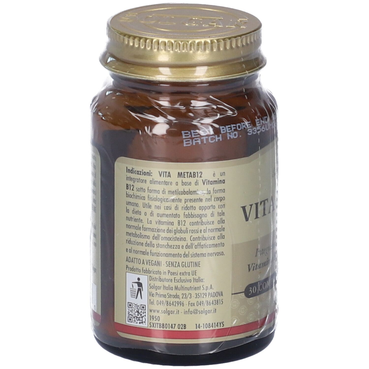 Dos du flacon. Étiquette avec informations produit, dont "VITA META B12" et "ADATTO A VEGAN".