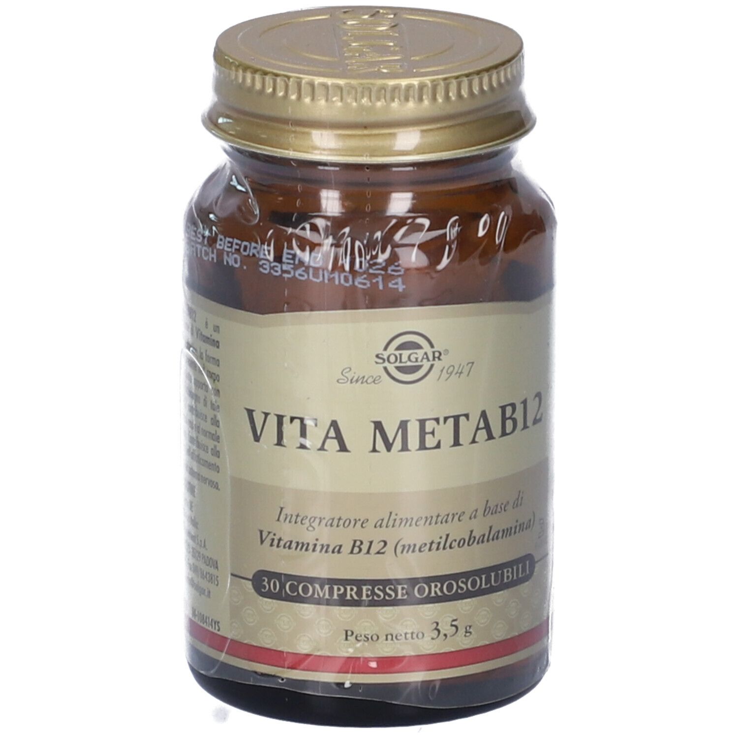 Flacon en verre brun, couvercle doré, emballé. Étiquette "SOLGAR Vita MetaB12".