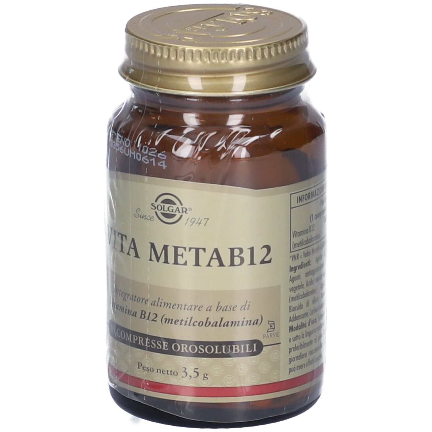 Flacon en verre brun, couvercle doré, emballé. Étiquette "SOLGAR Vita MetaB12".