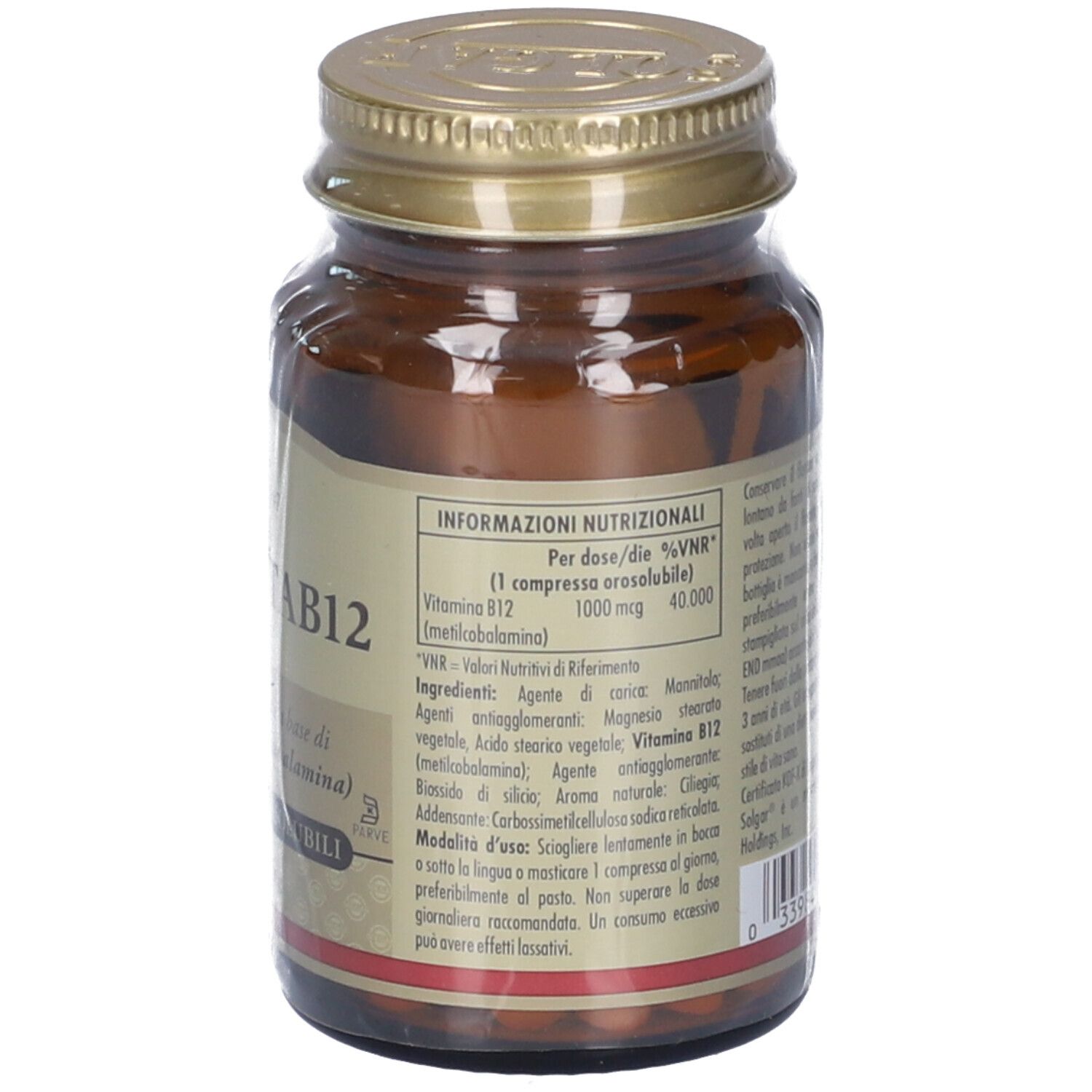 Dos du flacon. Étiquette avec informations nutritionnelles, dont vitamine B12. Ingrédients et mode d'emploi.