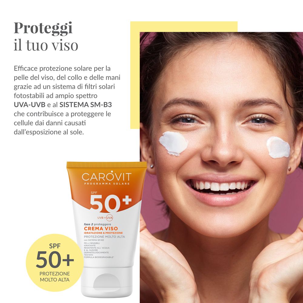 Frau mit Creme im Gesicht. Carovit SPF 50+ Tube. Text: SPF 50+, Creme Viso, Schutz.