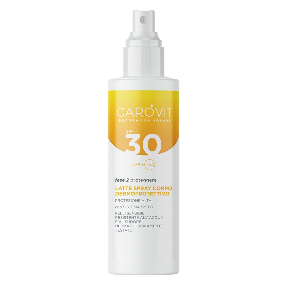 CAROVIT Körperspray SPF 30. Weiße Flasche mit gelbem Etikett. Enthält Text und SPF 30.