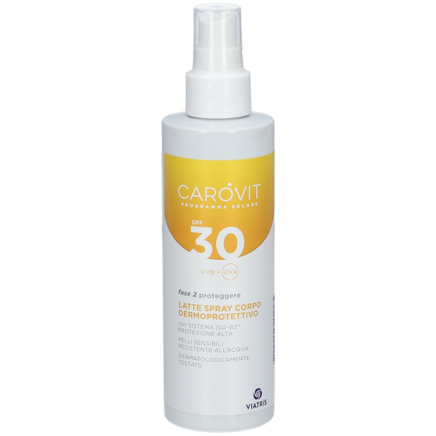 CAROVIT Körperspray SPF 30. Weiße Flasche mit gelbem Etikett. Enthält Text und SPF 30.