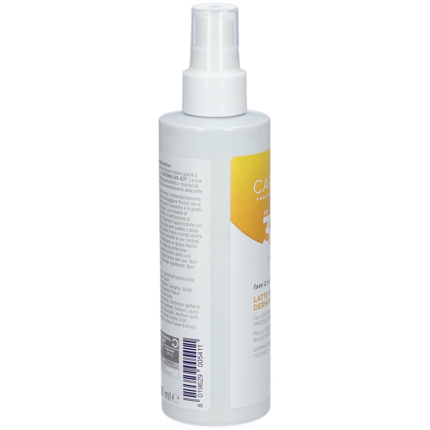 Rückseite der CAROVIT-Sprayflasche. Text und Informationen.