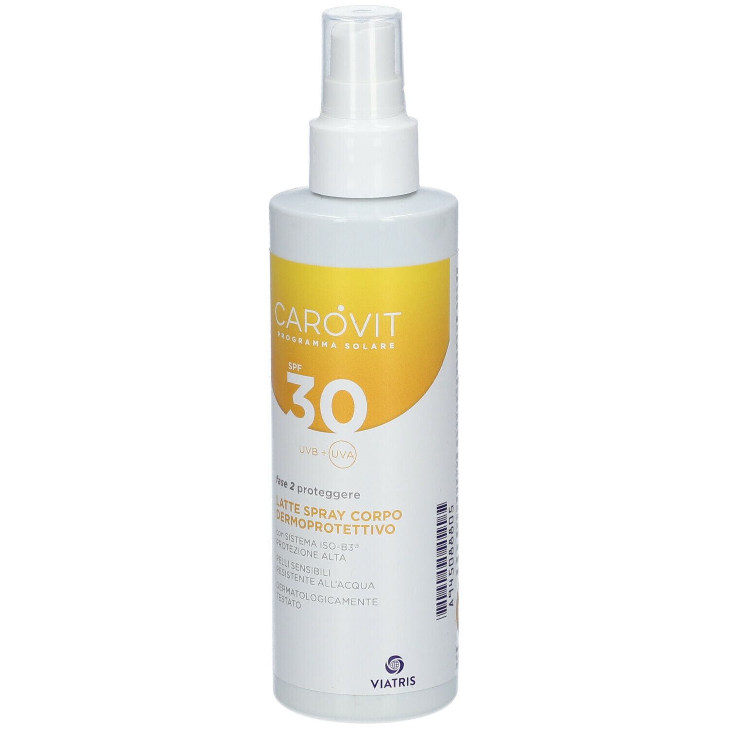 CAROVIT Körperspray SPF 30. Weiße Flasche mit gelbem Etikett. Enthält Text und SPF 30.
