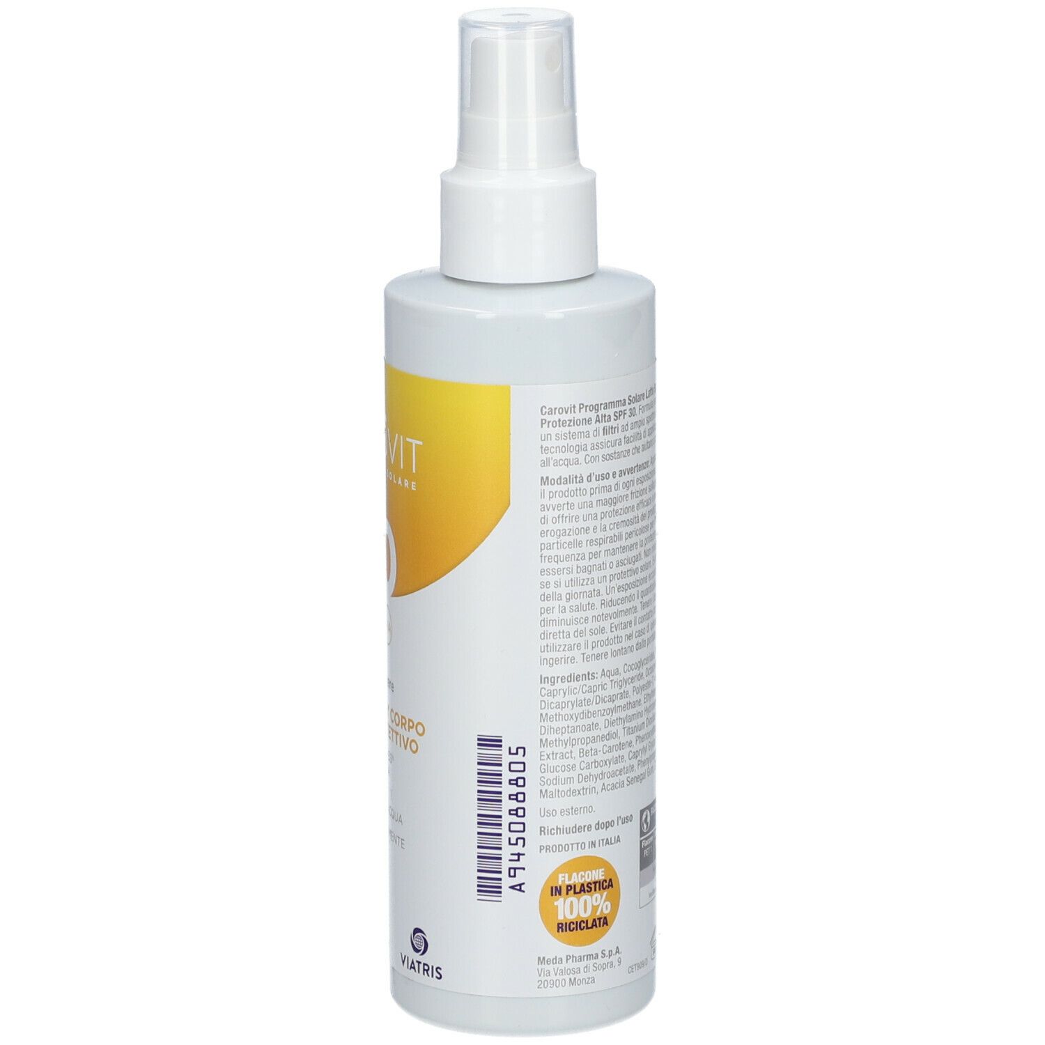Rückseite der CAROVIT-Sprayflasche. Text und Informationen. 100% recycelbar.