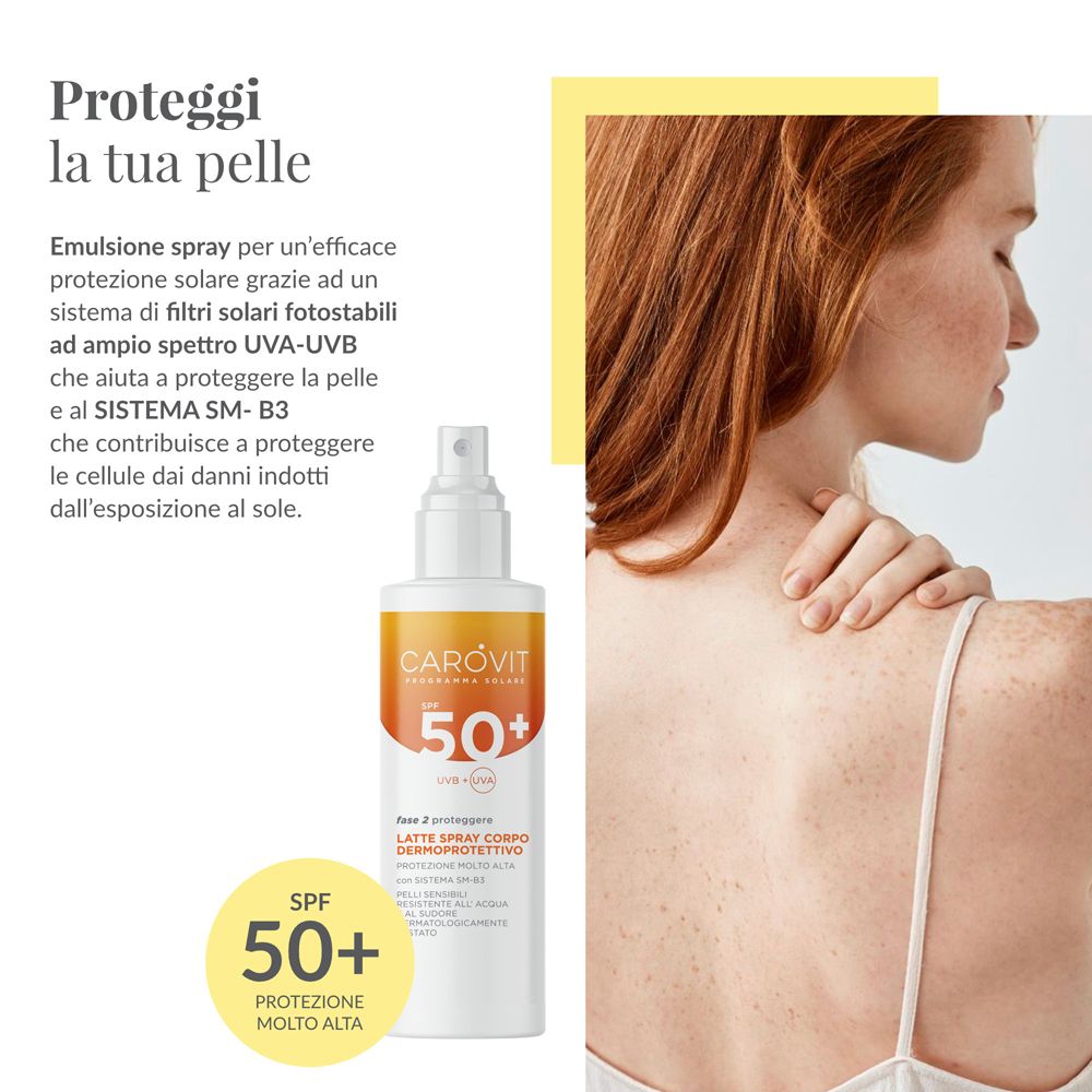 CAROVIT SPF 50+ Spray. Frau mit Sommersprossen. Produkt neben der Frau. Text: Schützt die Haut.