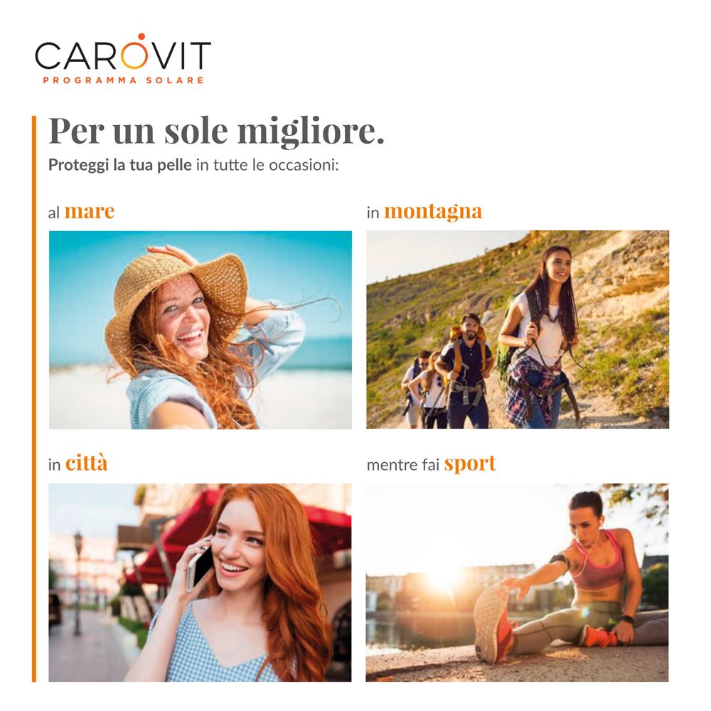 CAROVIT SPF 50+ Spray. Bilder von Menschen in verschiedenen Situationen: Meer, Berge, Stadt, Sport.