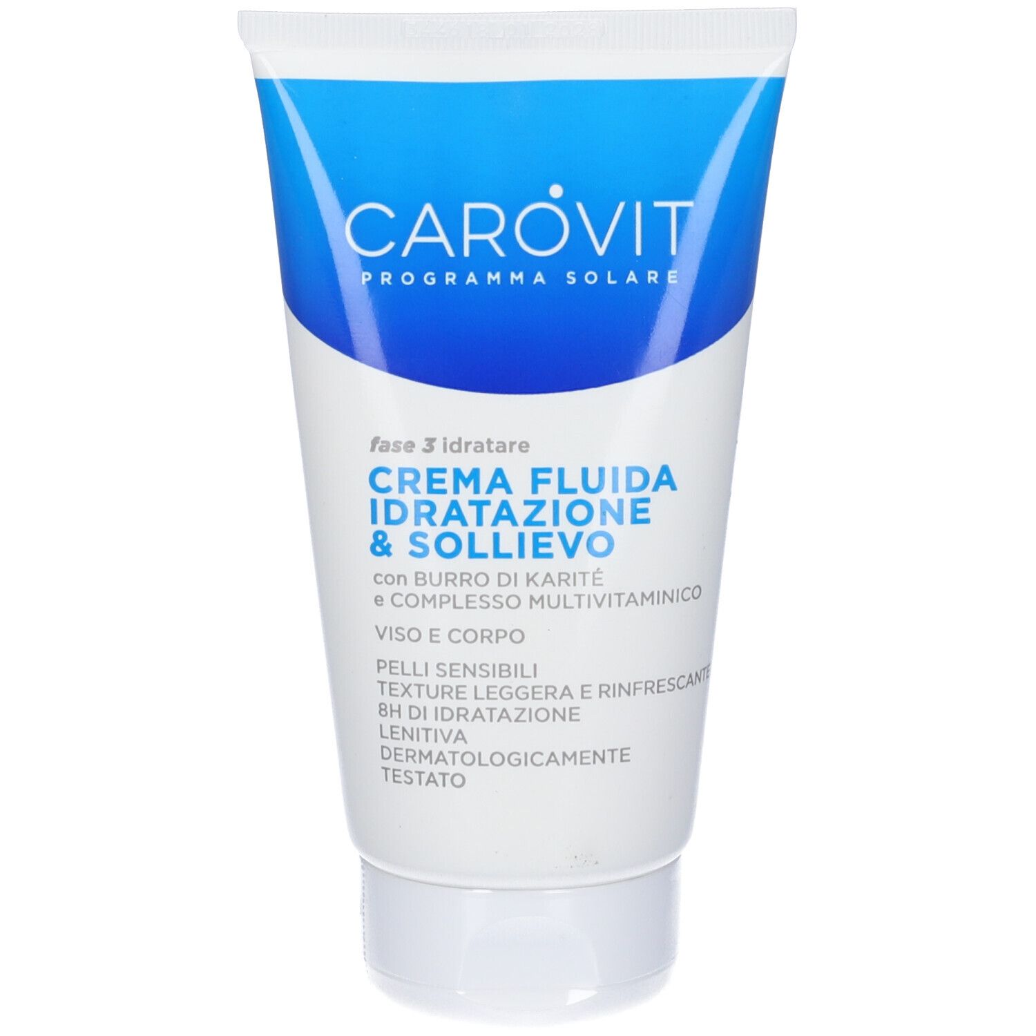 Tube blanc et bleu avec texte. "Crema Fluida Idratazione & Sollievo" est écrit sur le tube.