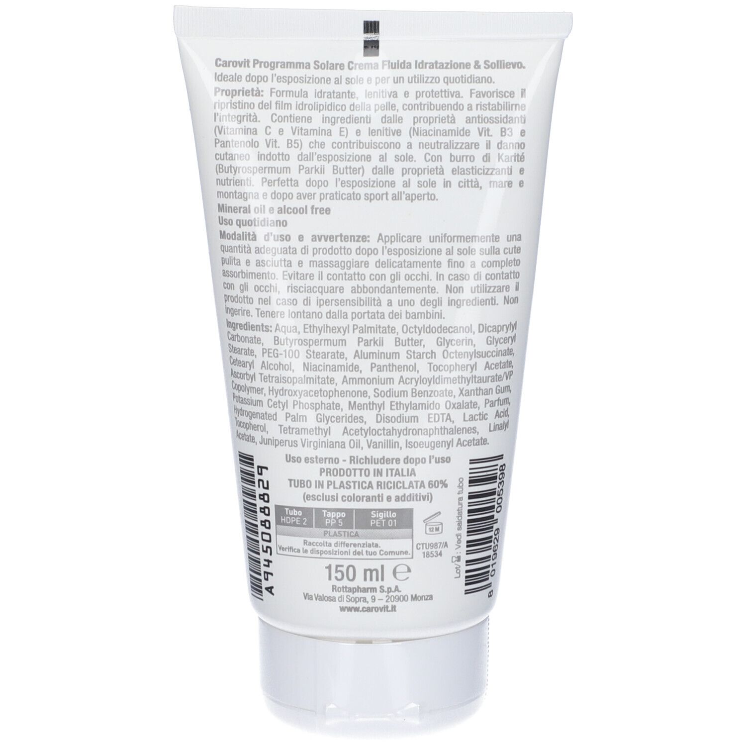 Dos du tube avec texte et ingrédients. "150 ml e" est en bas.