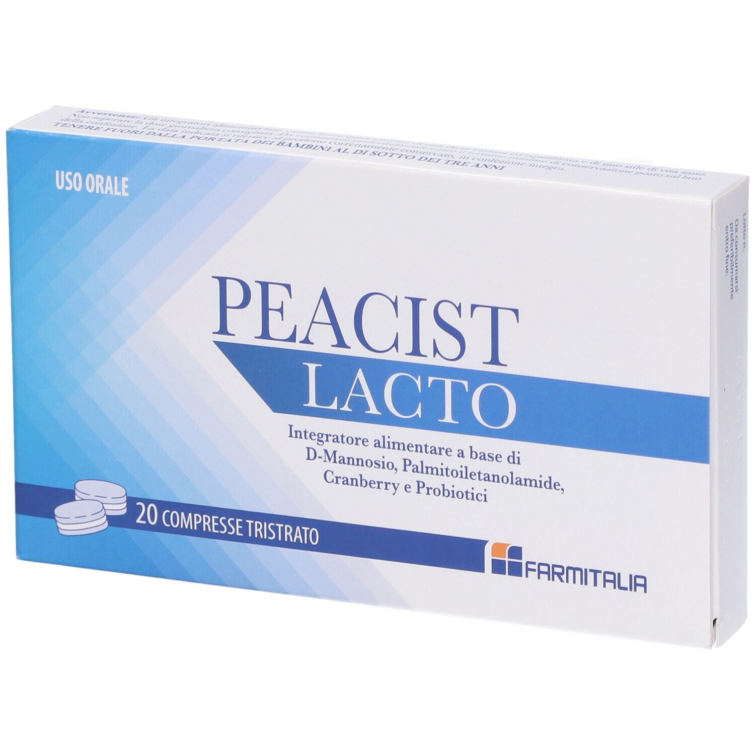Schachtel mit Peacist Lacto, 20 Tabletten. Aufschrift: Integratore alimentare, D-Mannosio, Palmitoylethanolamid, Cranberry, Probiotika.