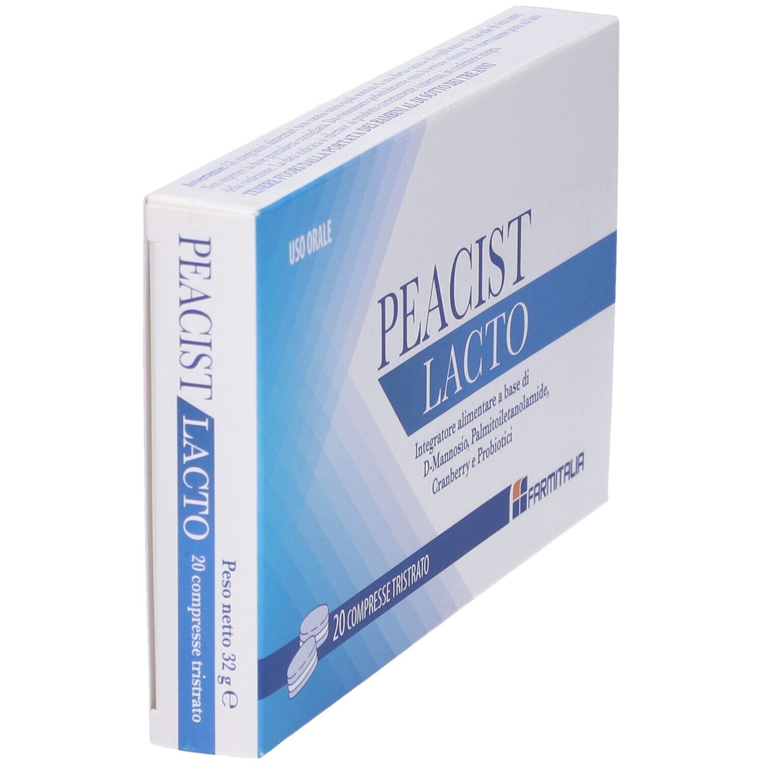Schachtel Peacist Lacto, 20 Tabletten. Aufschrift: Integratore alimentare, D-Mannosio, Palmitoylethanolamid, Cranberry, Probiotika. Marke Farmitalia.