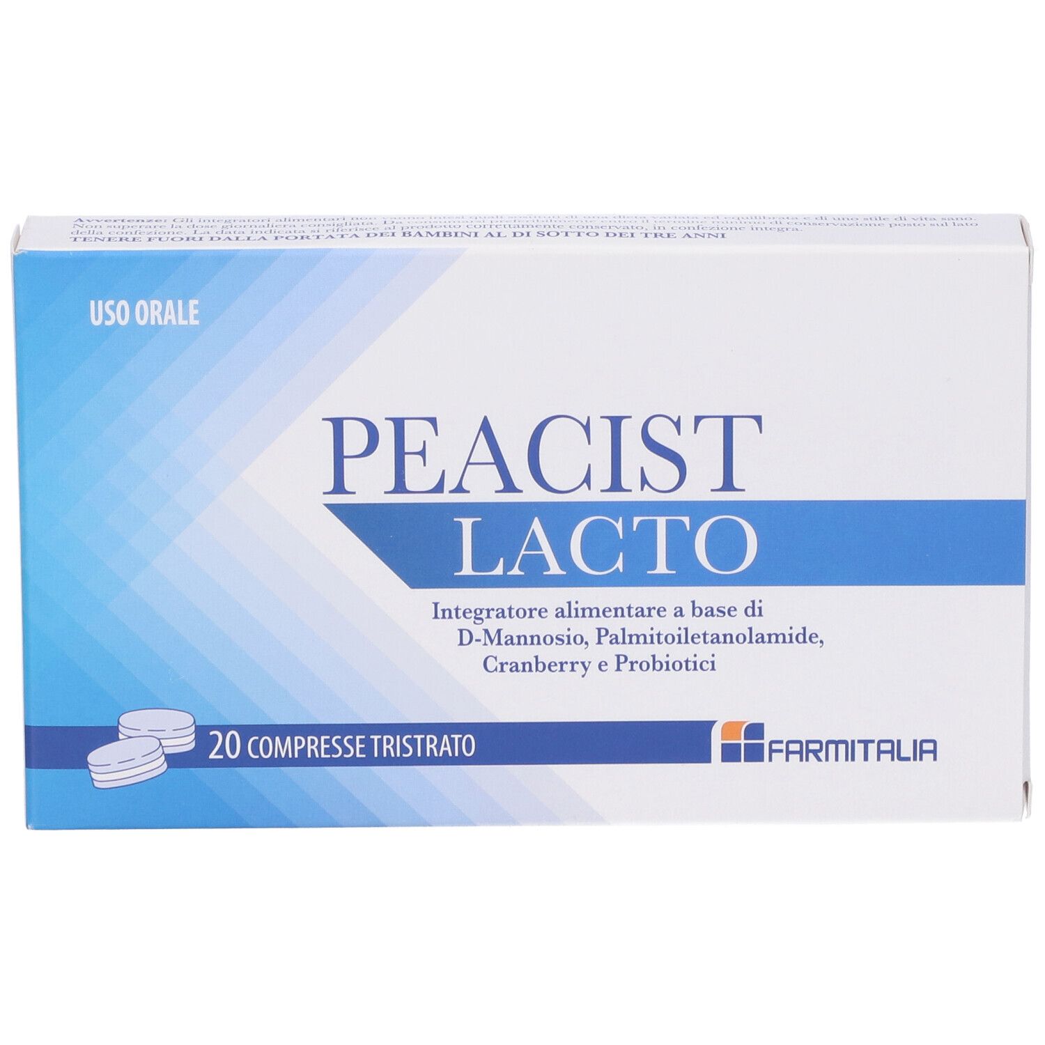 Schachtel mit Peacist Lacto, 20 Tabletten. Aufschrift: Integratore alimentare, D-Mannosio, Palmitoylethanolamid, Cranberry, Probiotika.