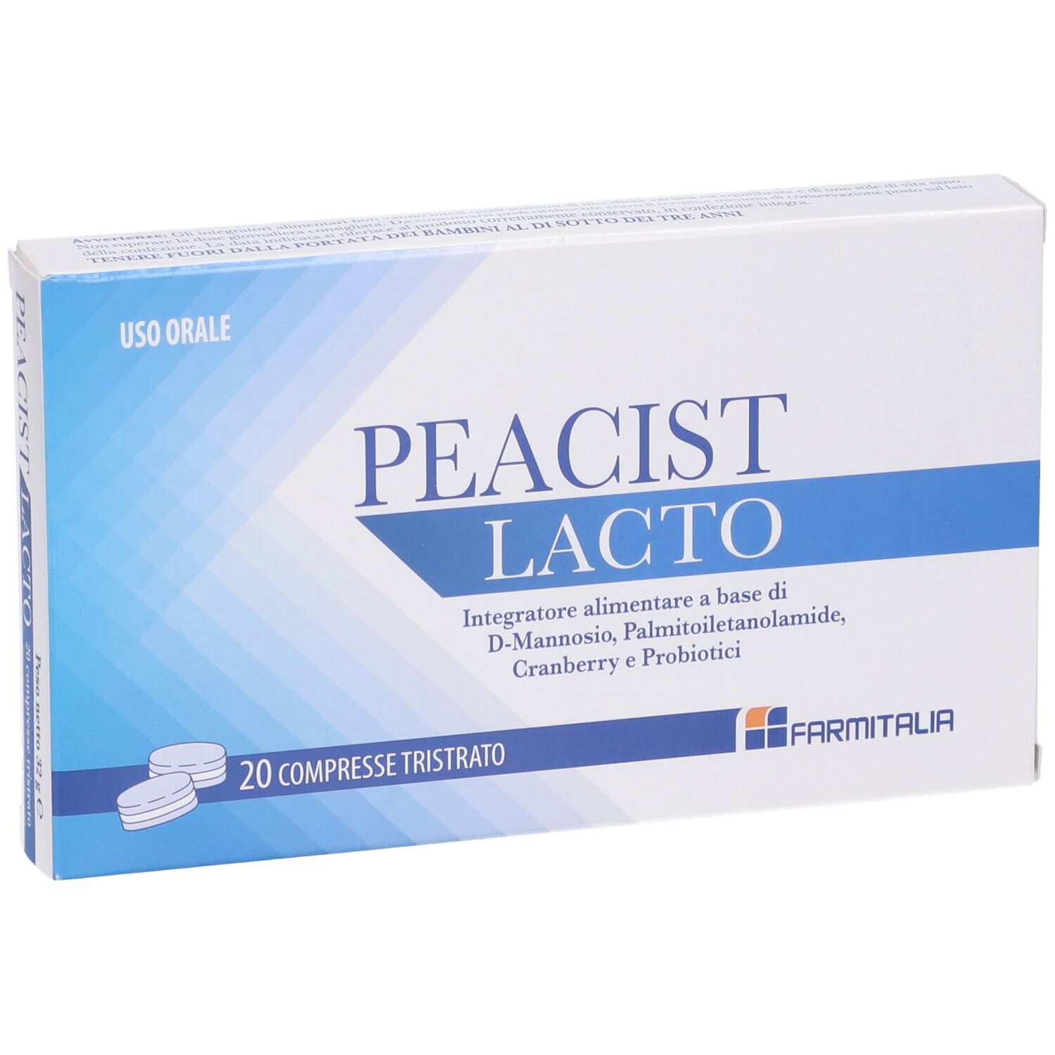Schachtel mit Peacist Lacto, 20 Tabletten. Aufschrift: Integratore alimentare, D-Mannosio, Palmitoylethanolamid, Cranberry, Probiotika. Marke Farmitalia.