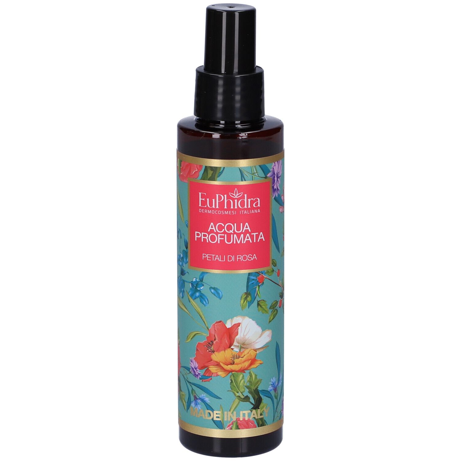 Braune Flasche mit schwarzem Sprühkopf. Etikett mit floralem Muster und Produktbezeichnung. Hergestellt in Italien.