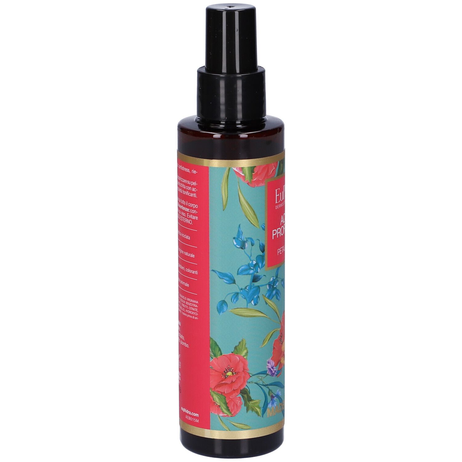 Braune Flasche mit schwarzem Sprühkopf. Floral bedrucktes Etikett mit Produktinformationen. Hergestellt in Italien.