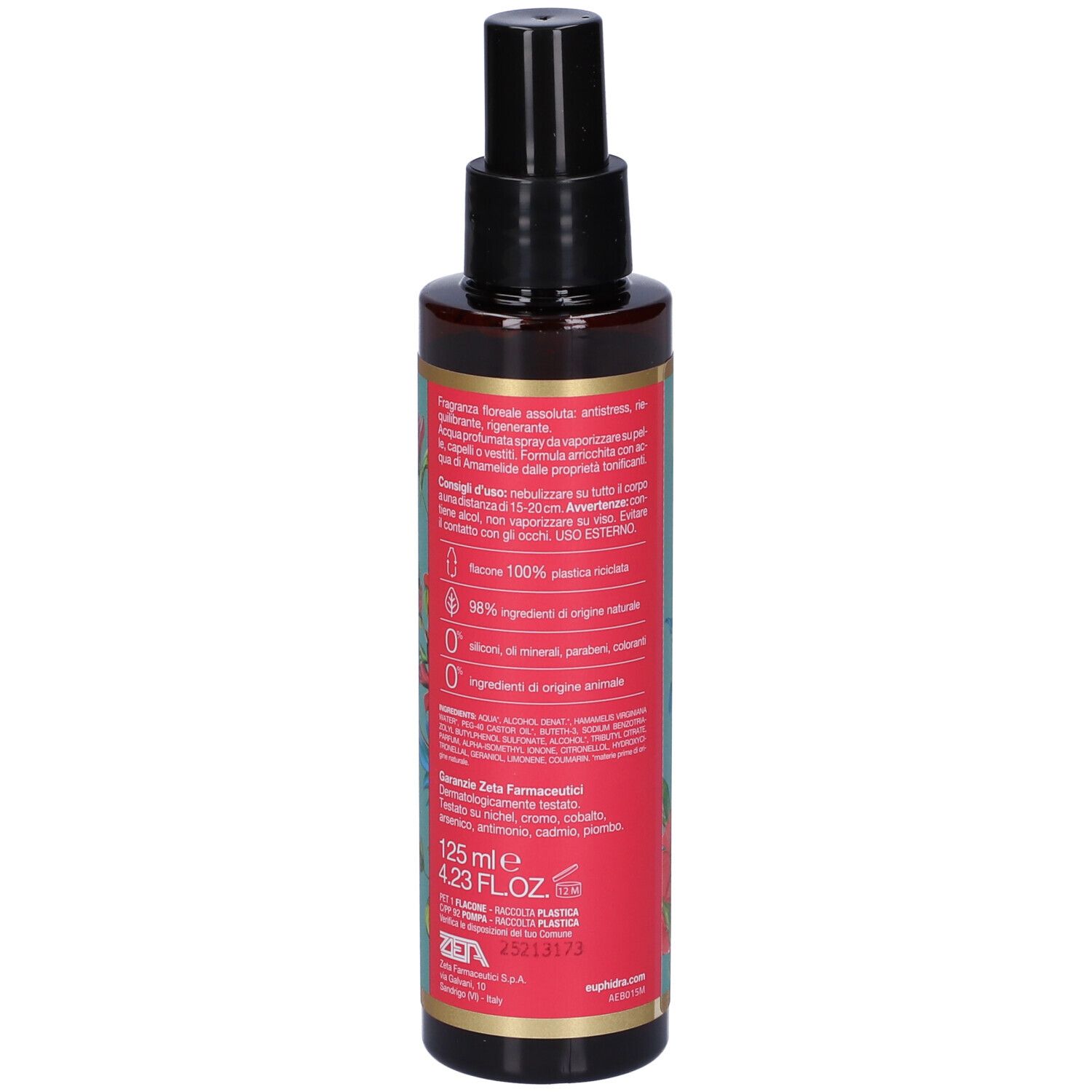 Braune Flasche mit schwarzem Sprühkopf. Rückseite mit Produktinformationen und Inhaltsstoffen. 125 ml.