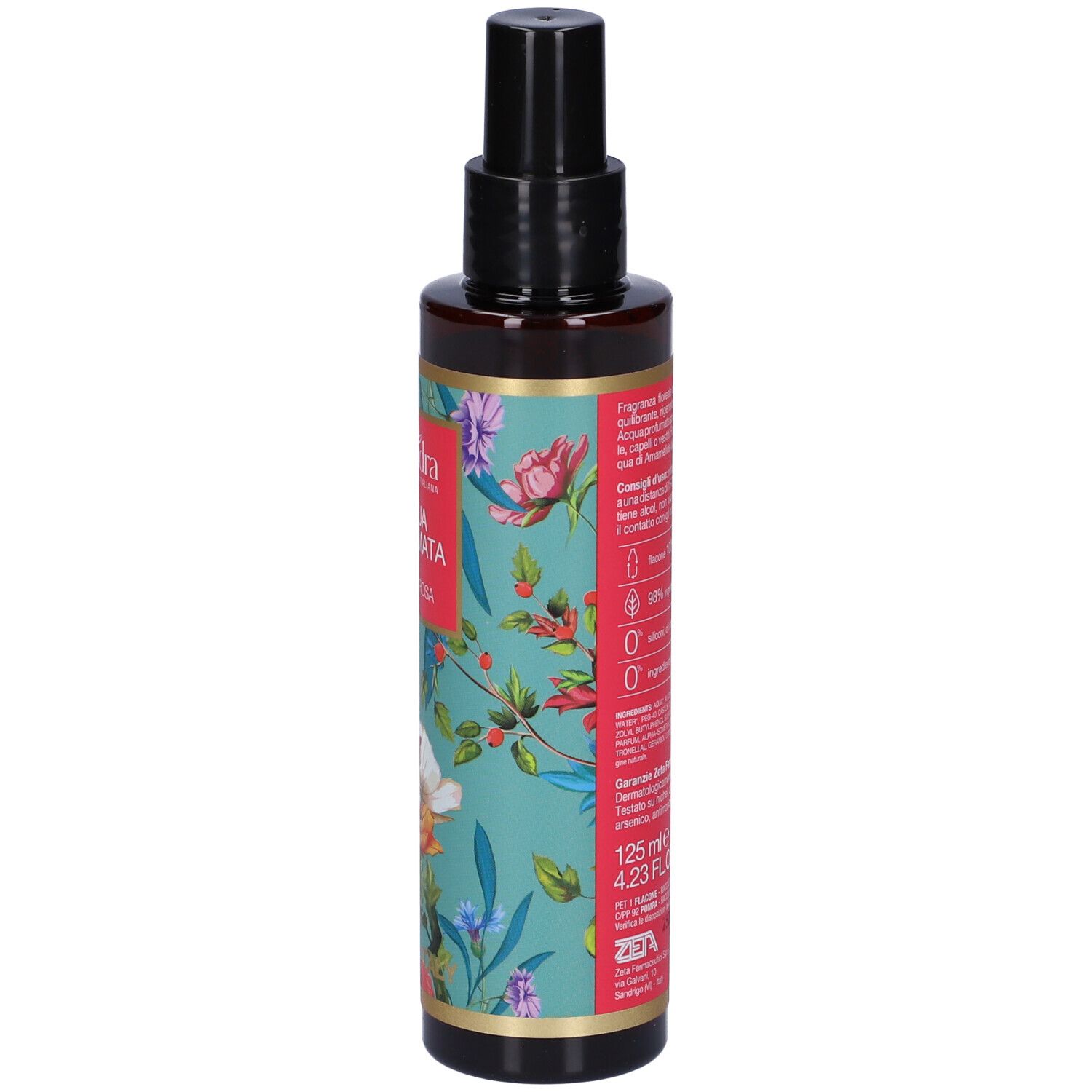 Braune Flasche mit schwarzem Sprühkopf. Floral bedrucktes Etikett mit Produktinformationen. 125 ml.