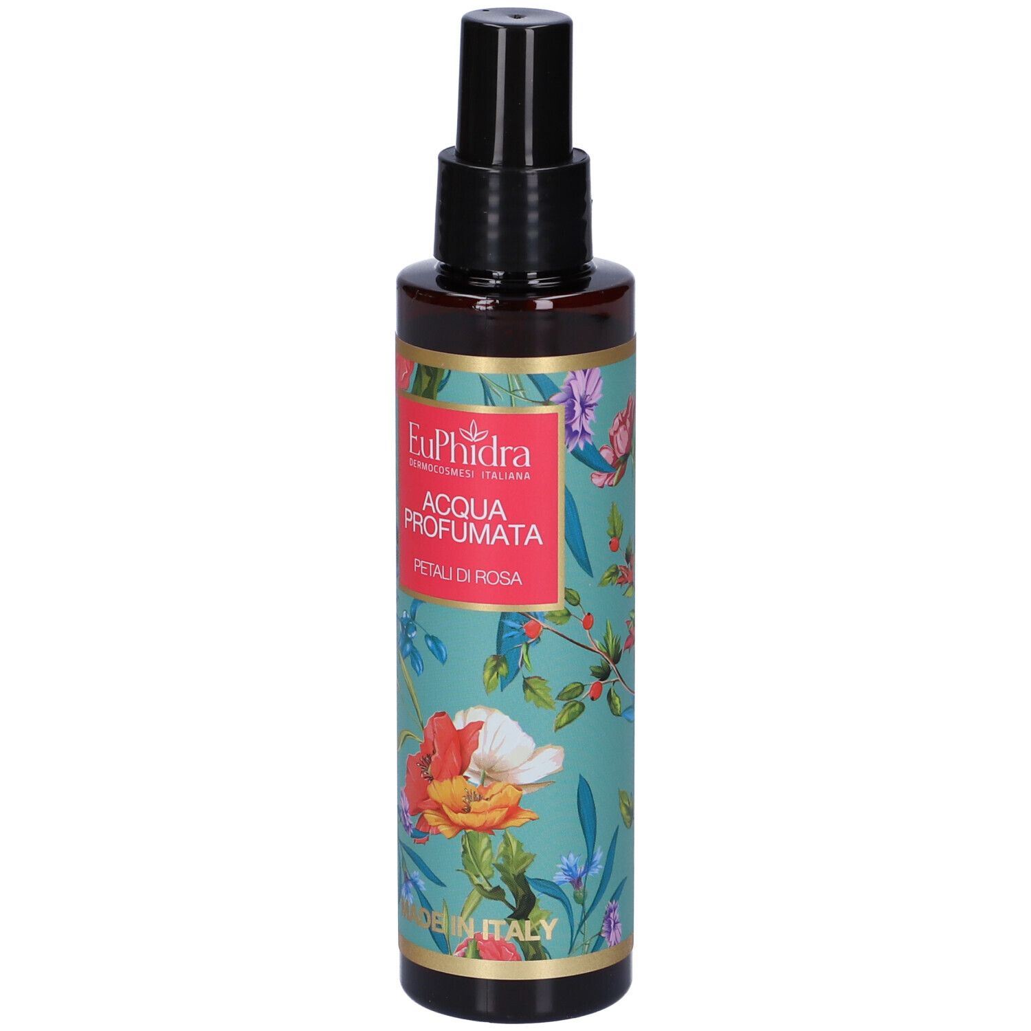 Braune Flasche mit schwarzem Sprühkopf. Floral bedrucktes Etikett mit Produktbezeichnung. Hergestellt in Italien.