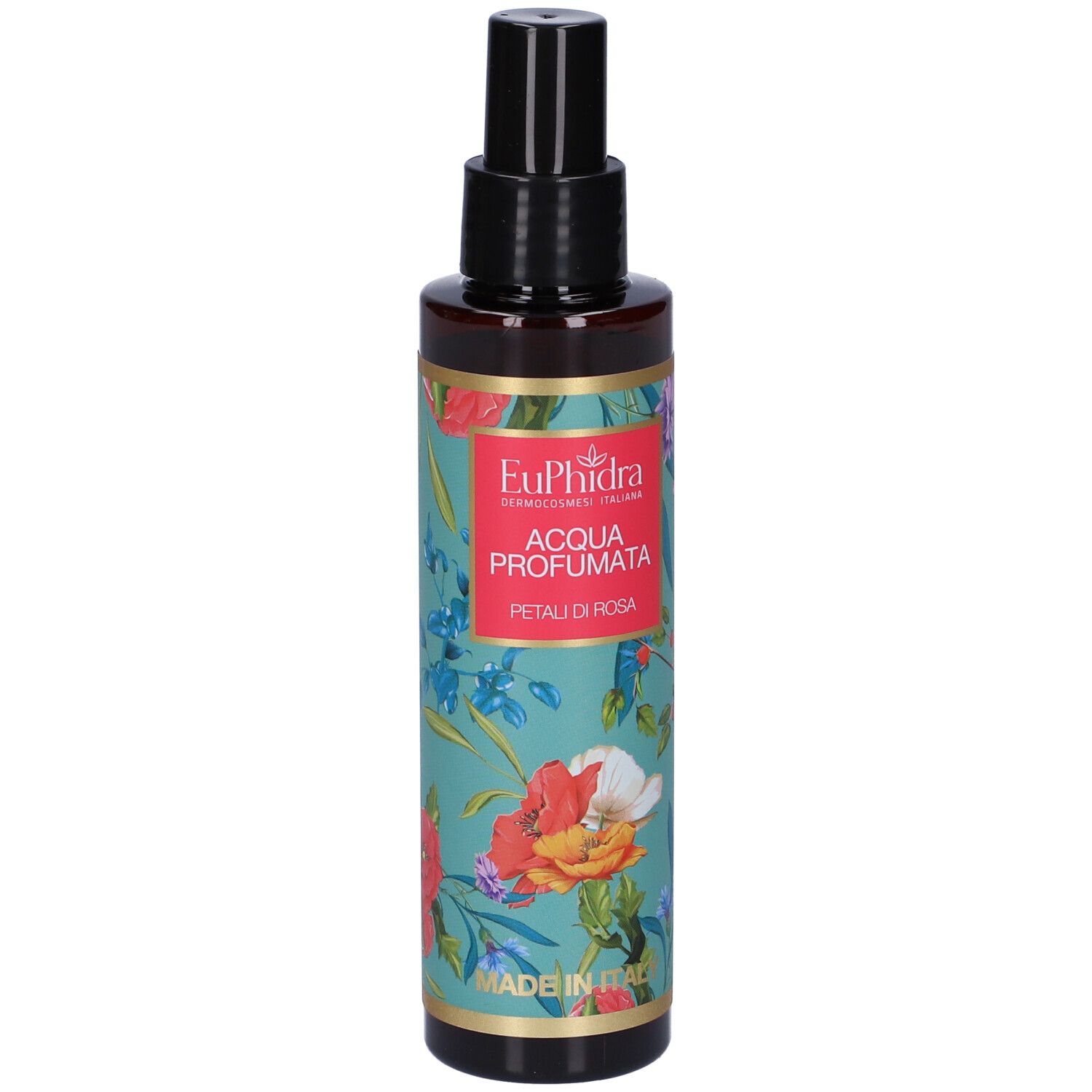 Braune Flasche mit schwarzem Sprühkopf. Floral bedrucktes Etikett mit Produktbezeichnung. Hergestellt in Italien.