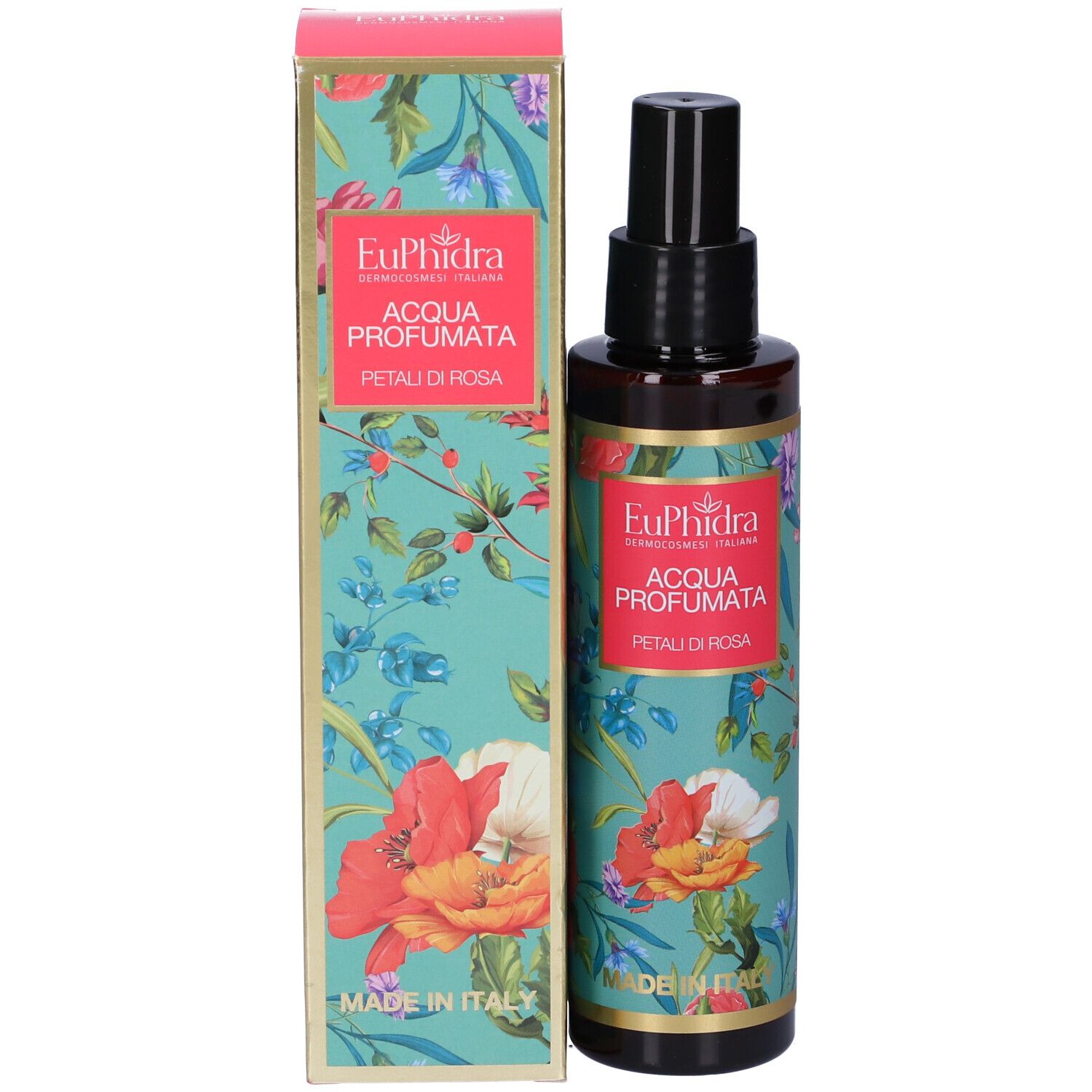 Produktflasche und Schachtel. Flasche mit schwarzem Sprühkopf. Floral bedruckte Schachtel und Etikett.