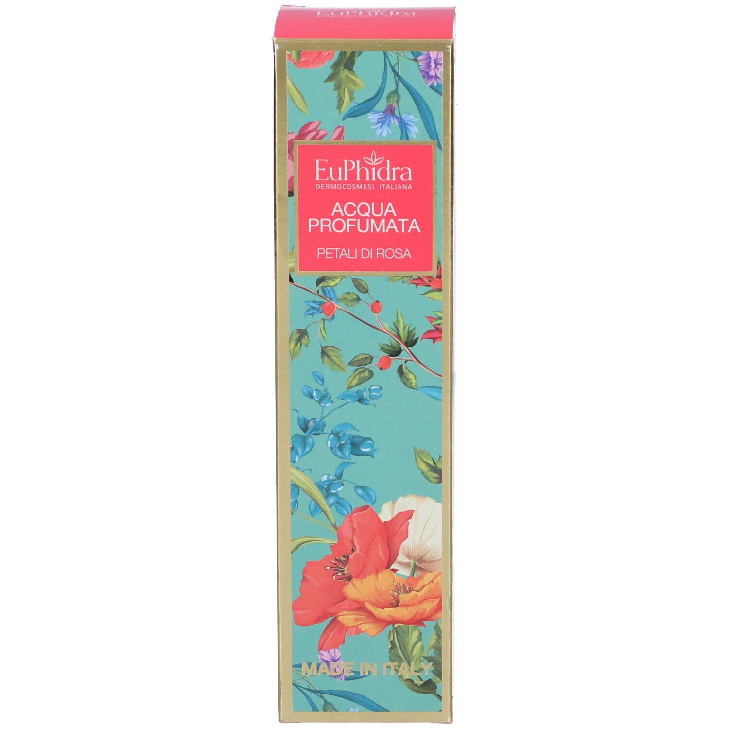 Schachtel mit floralem Muster. Produktbezeichnung und Markenname auf der Schachtel. Hergestellt in Italien.