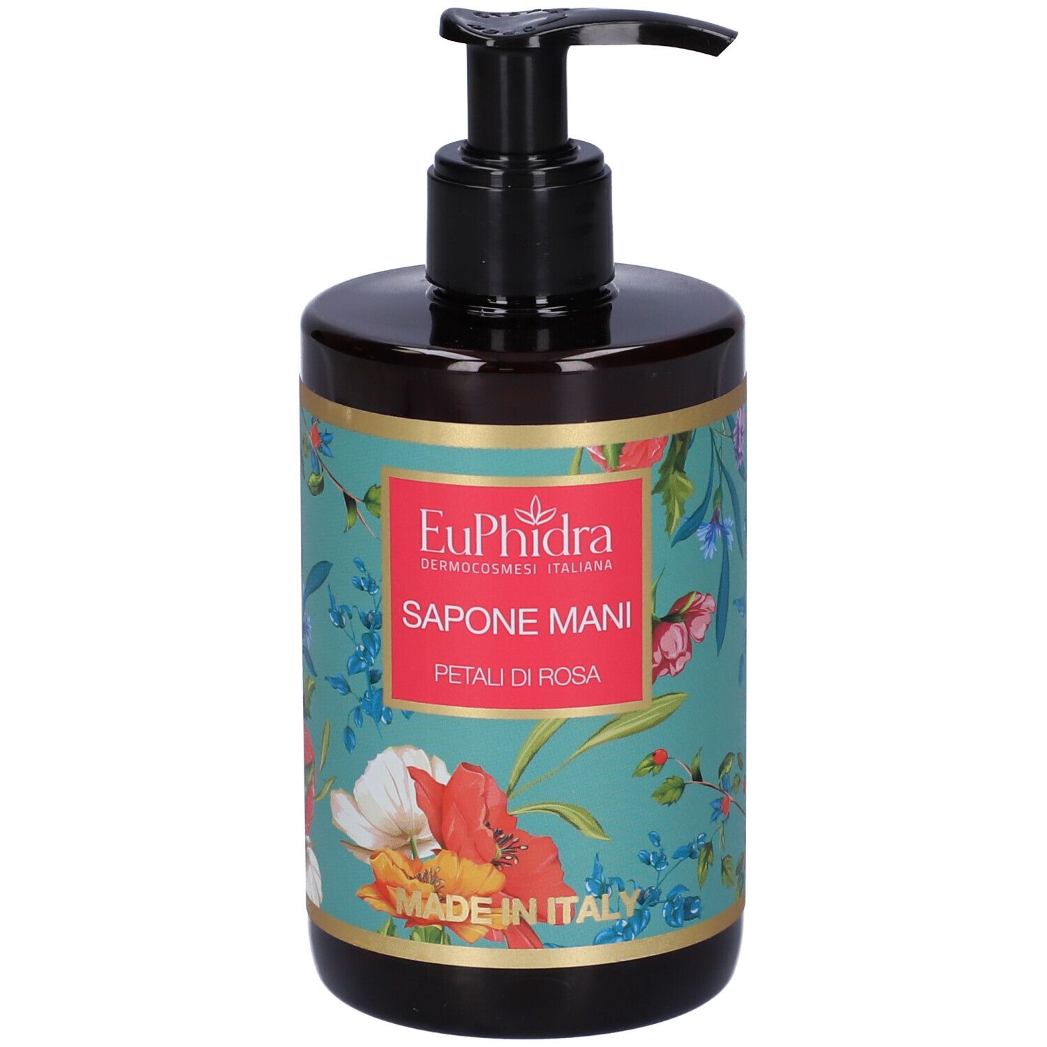 Savon pour les mains avec motif floral. Distributeur noir. Inscription : EuPhidra, Sapone Mani, Petali di Rosa. Fabriqué en Italie.