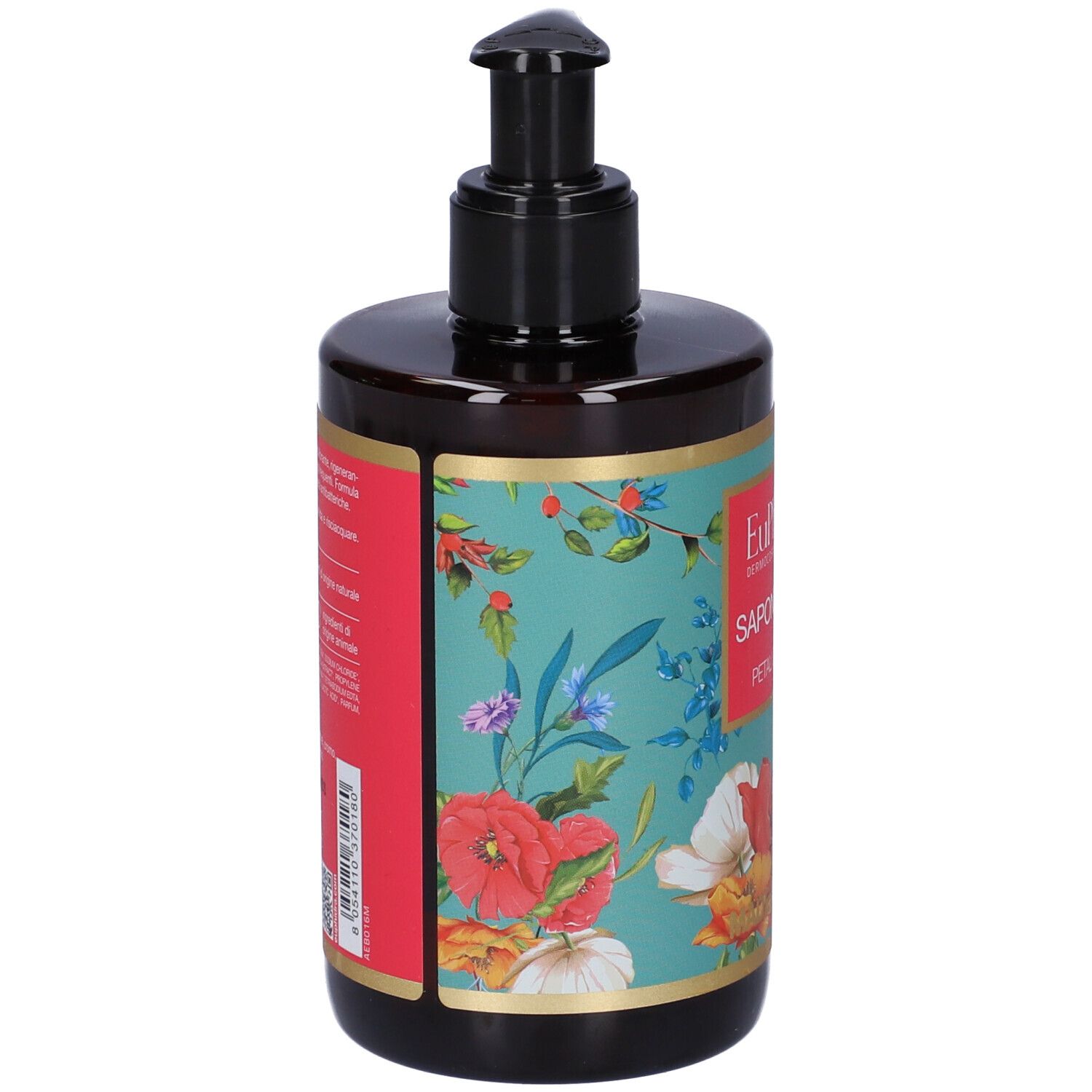 Savon pour les mains avec motif floral. Distributeur noir. Inscription : EuPhidra, Sapone Mani, Petali di Rosa. Fabriqué en Italie.