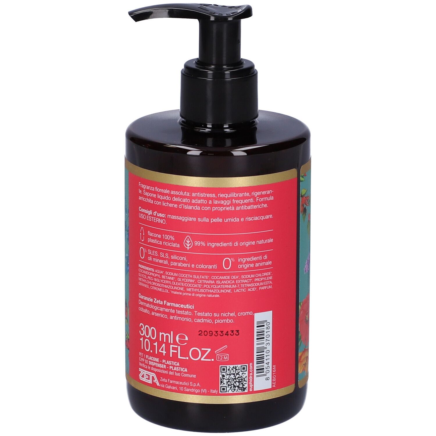 Savon pour les mains avec motif floral. Distributeur noir. Inscription : EuPhidra, Sapone Mani, Petali di Rosa. Fabriqué en Italie. Texte au dos.