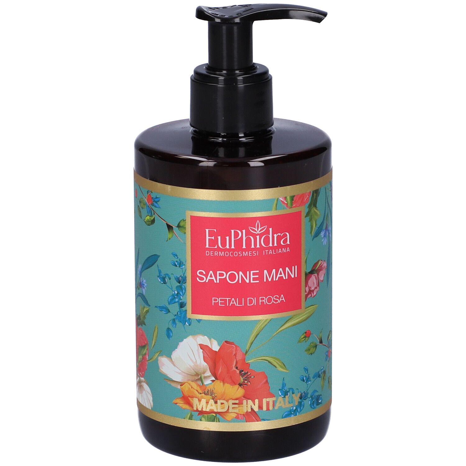 Savon pour les mains avec motif floral. Distributeur noir. Inscription : EuPhidra, Sapone Mani, Petali di Rosa. Fabriqué en Italie.