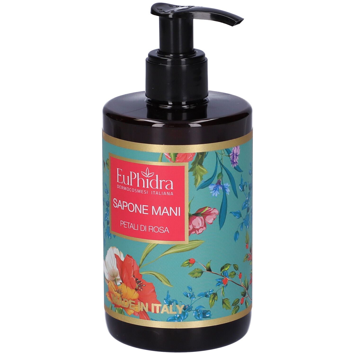 Savon pour les mains avec motif floral. Distributeur noir. Inscription : EuPhidra, Sapone Mani, Petali di Rosa. Fabriqué en Italie.