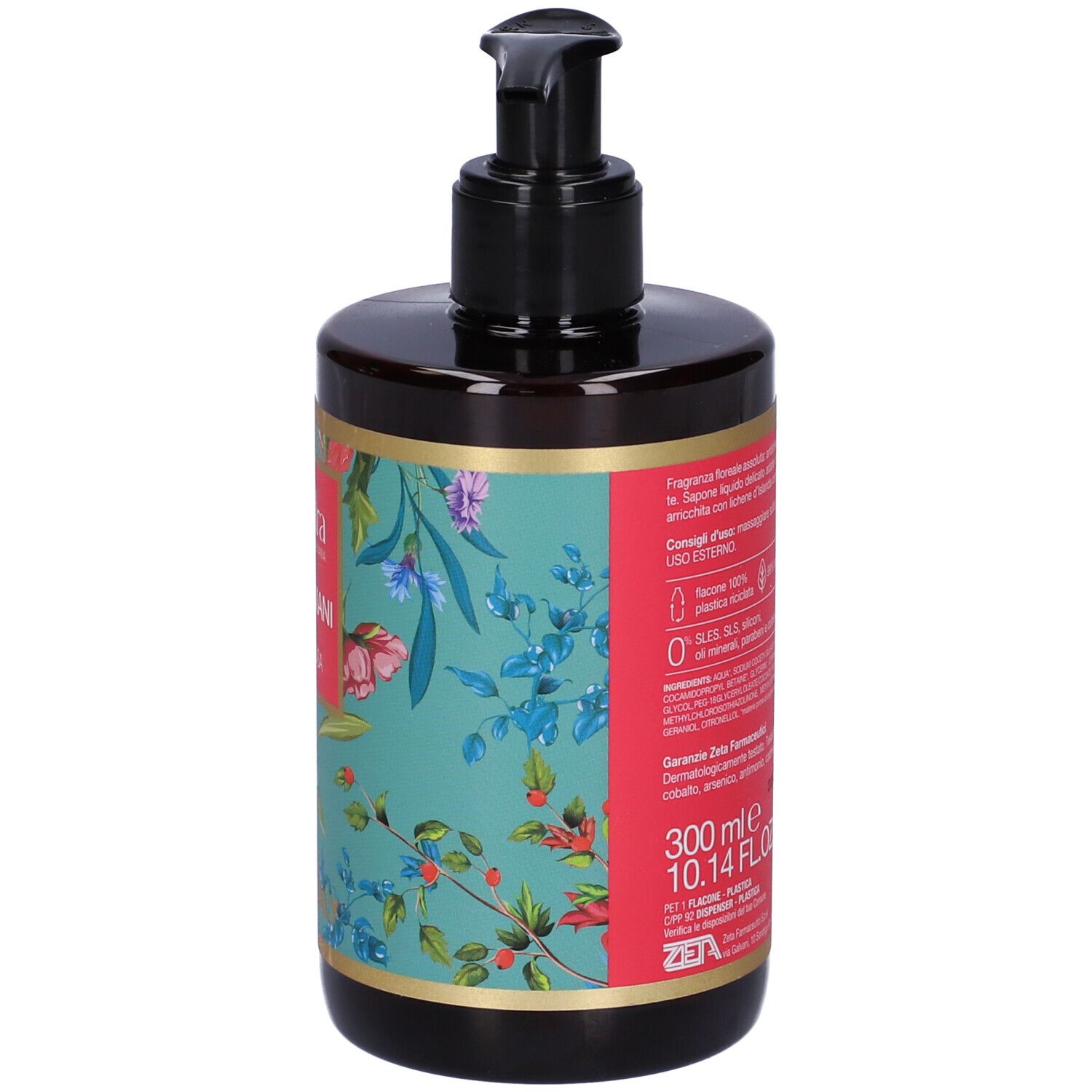Savon pour les mains avec motif floral. Distributeur noir. Inscription : EuPhidra, Sapone Mani, Petali di Rosa. Fabriqué en Italie. Texte au dos.