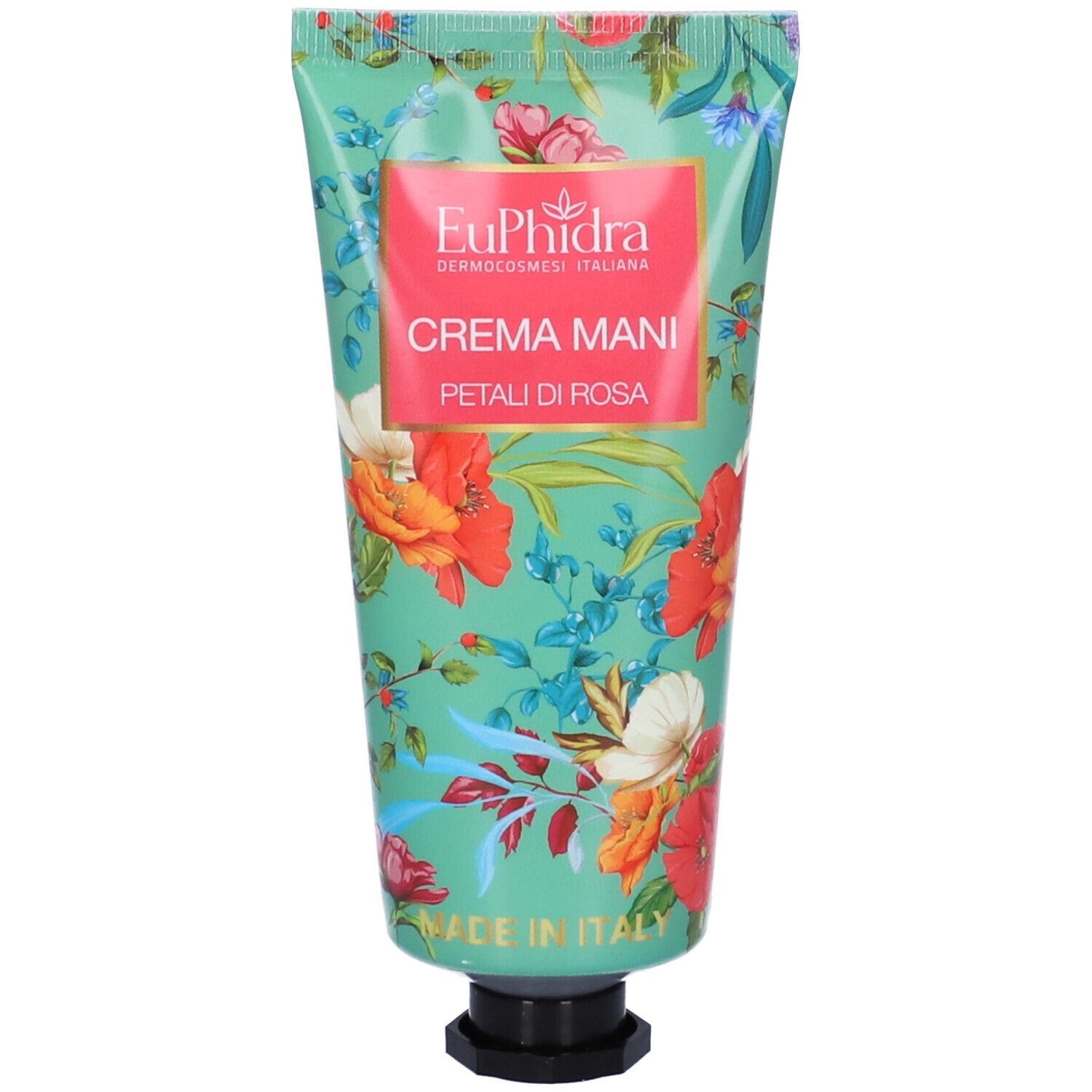 EuPhidra Handcreme Rosenblüten, Tube mit floralem Muster, rosa Etikett, Schriftzug.