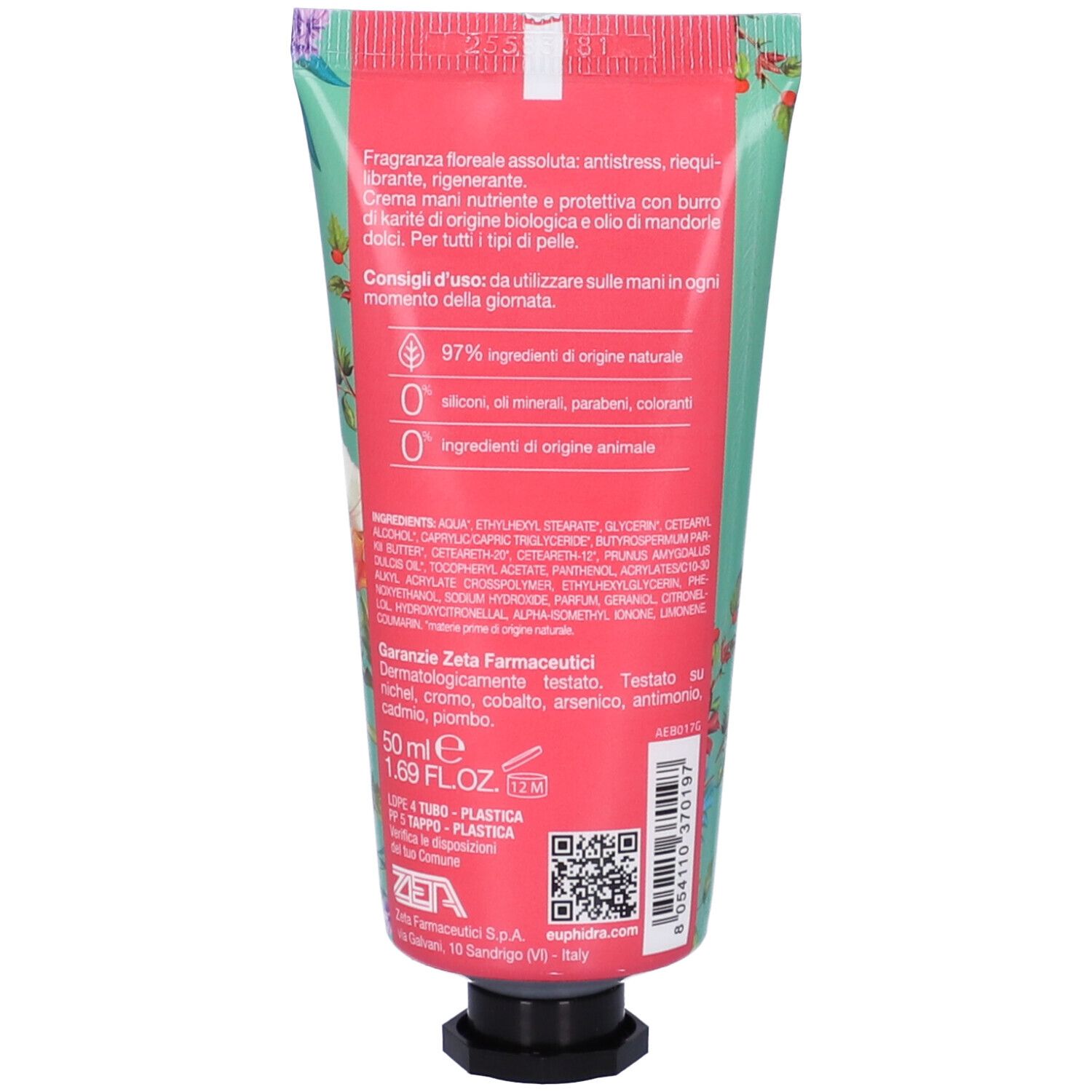 Rückseite der EuPhidra Handcreme Rosenblüten Tube, Text, Inhaltsstoffe, QR-Code, rosa Etikett.
