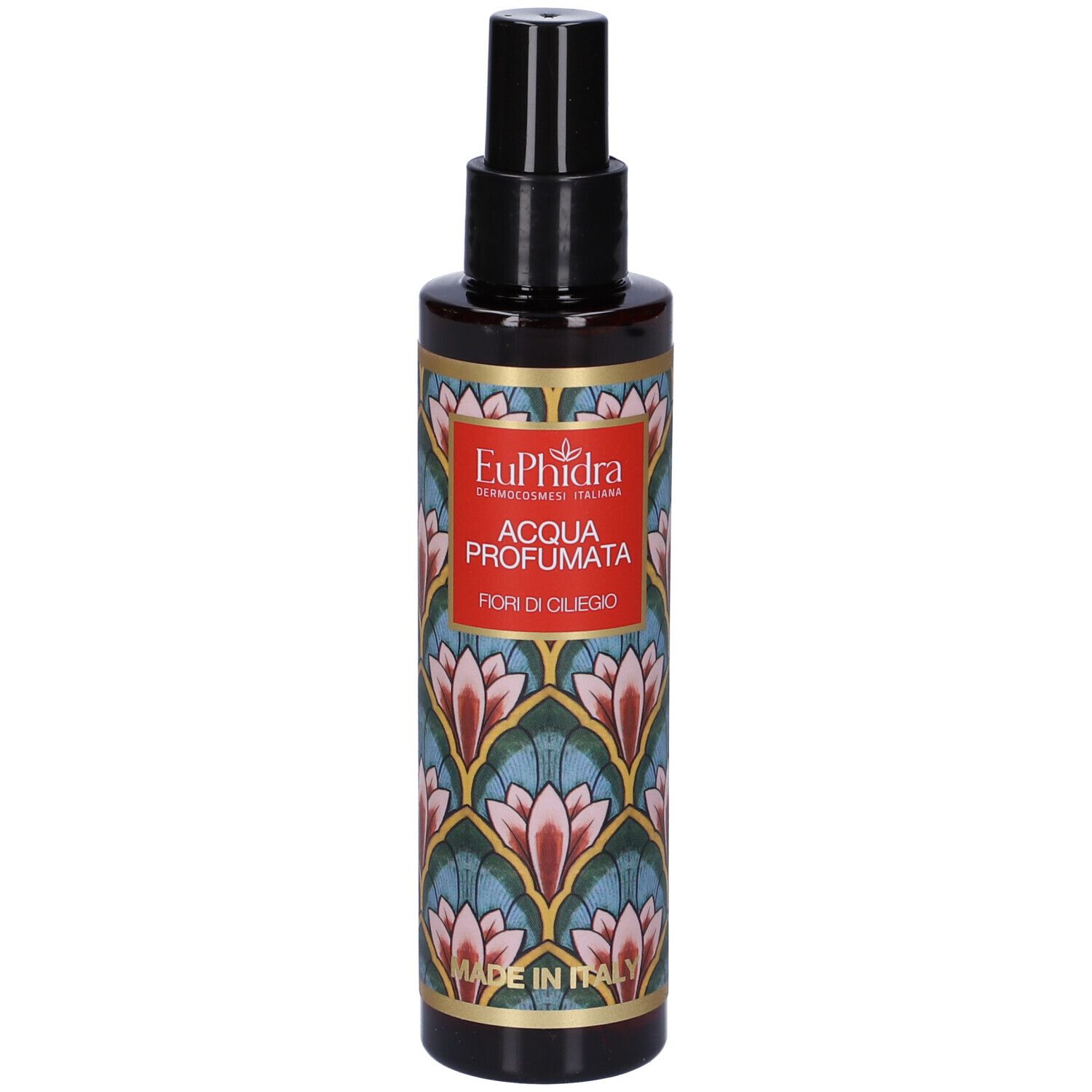 Flacon brun avec vaporisateur noir. Étiquette avec motif floral et texte: Acqua Profumata, Fiori di Ciliegio.