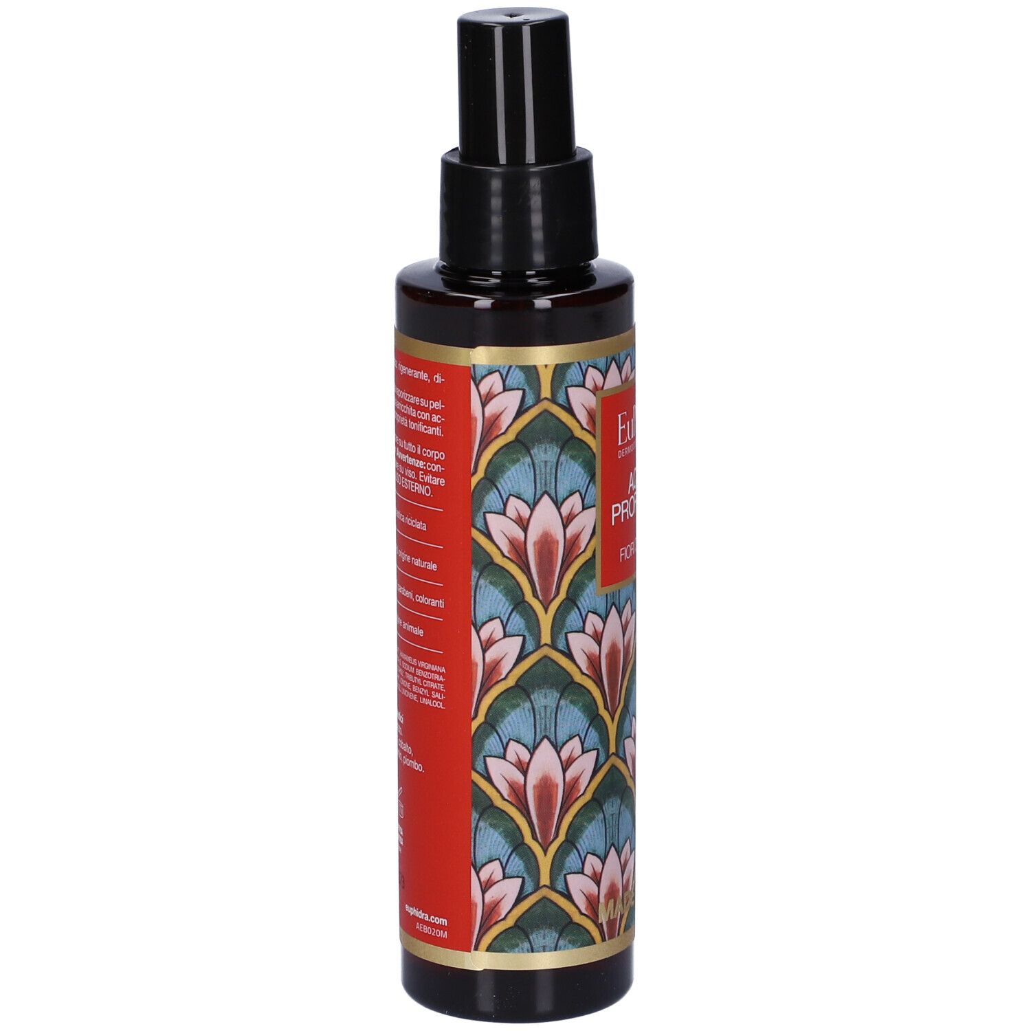 Flacon brun avec vaporisateur noir. Étiquette avec motif floral et texte. Dos avec texte et informations.