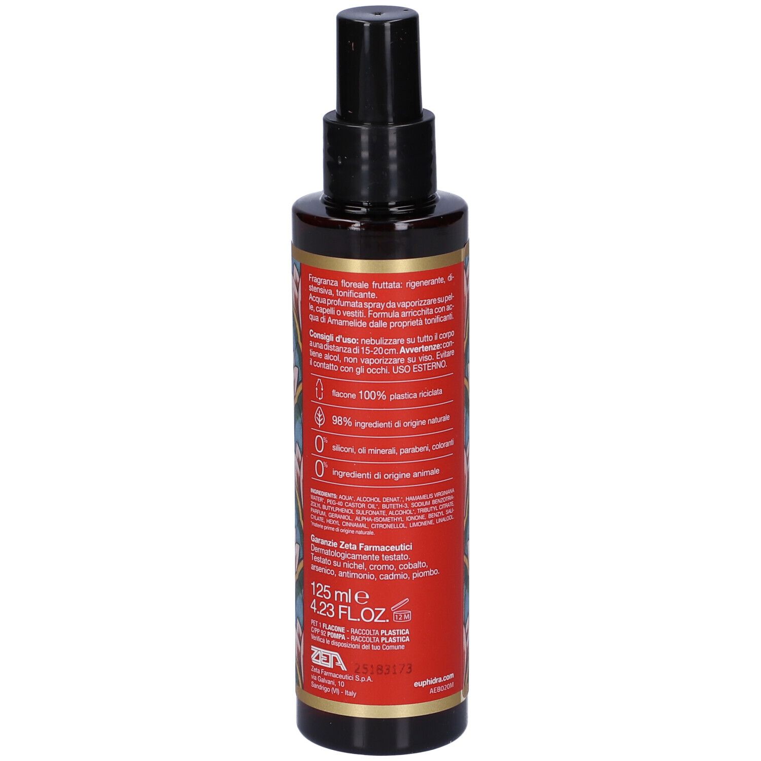 Flacon brun avec vaporisateur noir. Dos avec texte et informations. Volume: 125 ml.