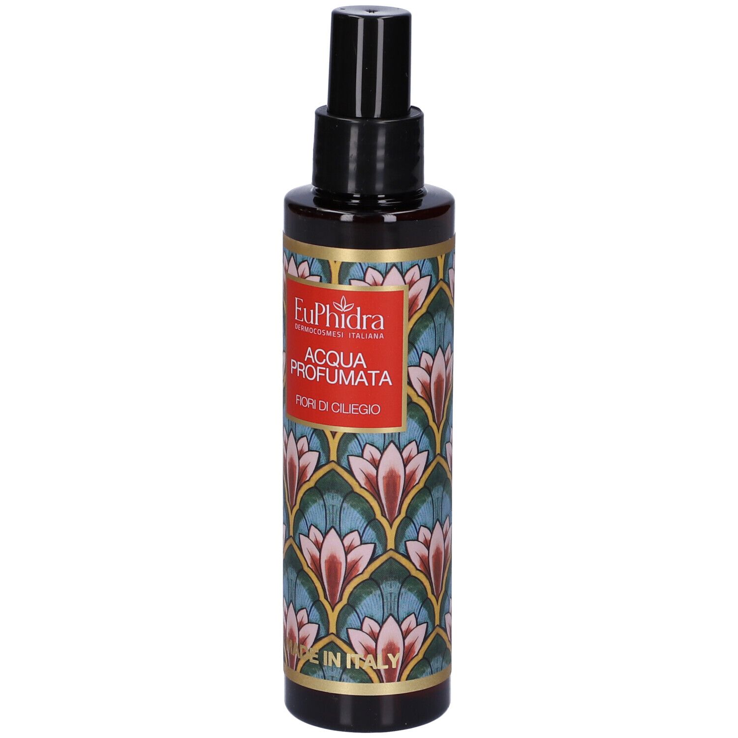 Flacon brun avec vaporisateur noir. Étiquette avec motif floral et texte: Acqua Profumata, Fiori di Ciliegio.
