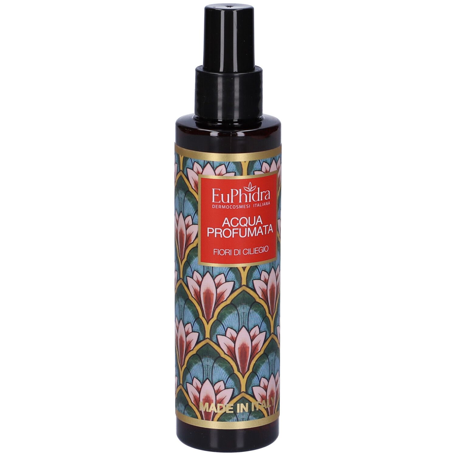 Flacon brun avec vaporisateur noir. Étiquette avec motif floral et texte: Acqua Profumata, Fiori di Ciliegio.