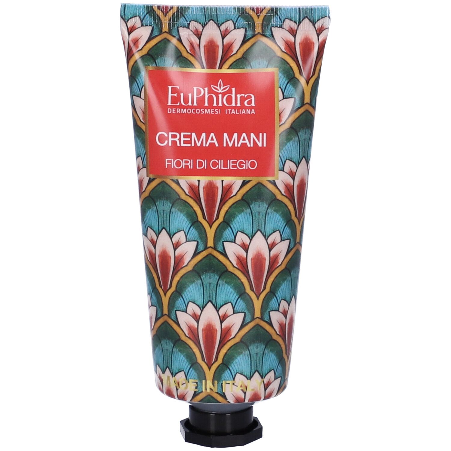 Handcreme-Tube mit floralem Muster und rotem Etikett. Text: EuPhidra, Crema Mani, Fiori di Ciliegio.