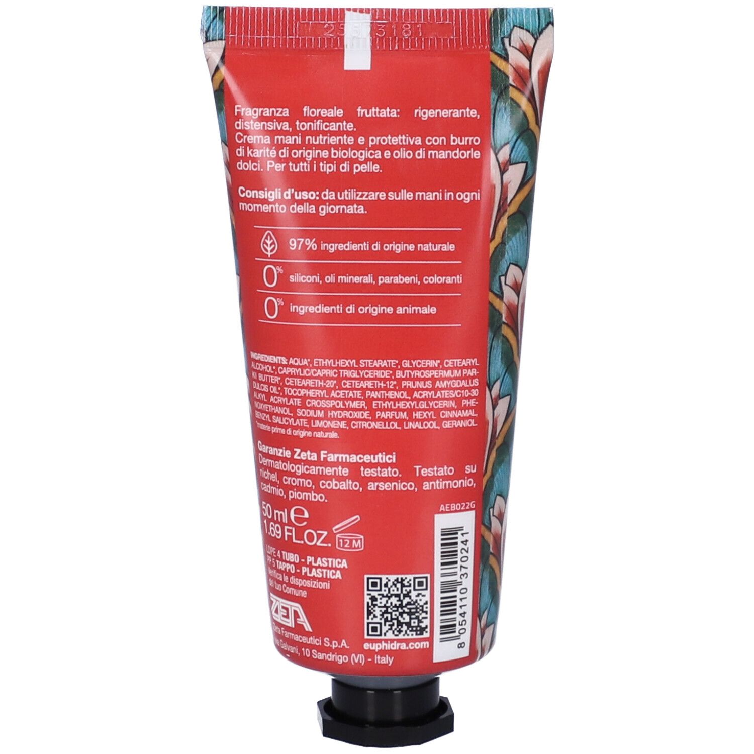 Rückseite der Handcreme-Tube mit Text und Inhaltsangaben. Enthält Informationen über Inhaltsstoffe und Zertifizierungen.