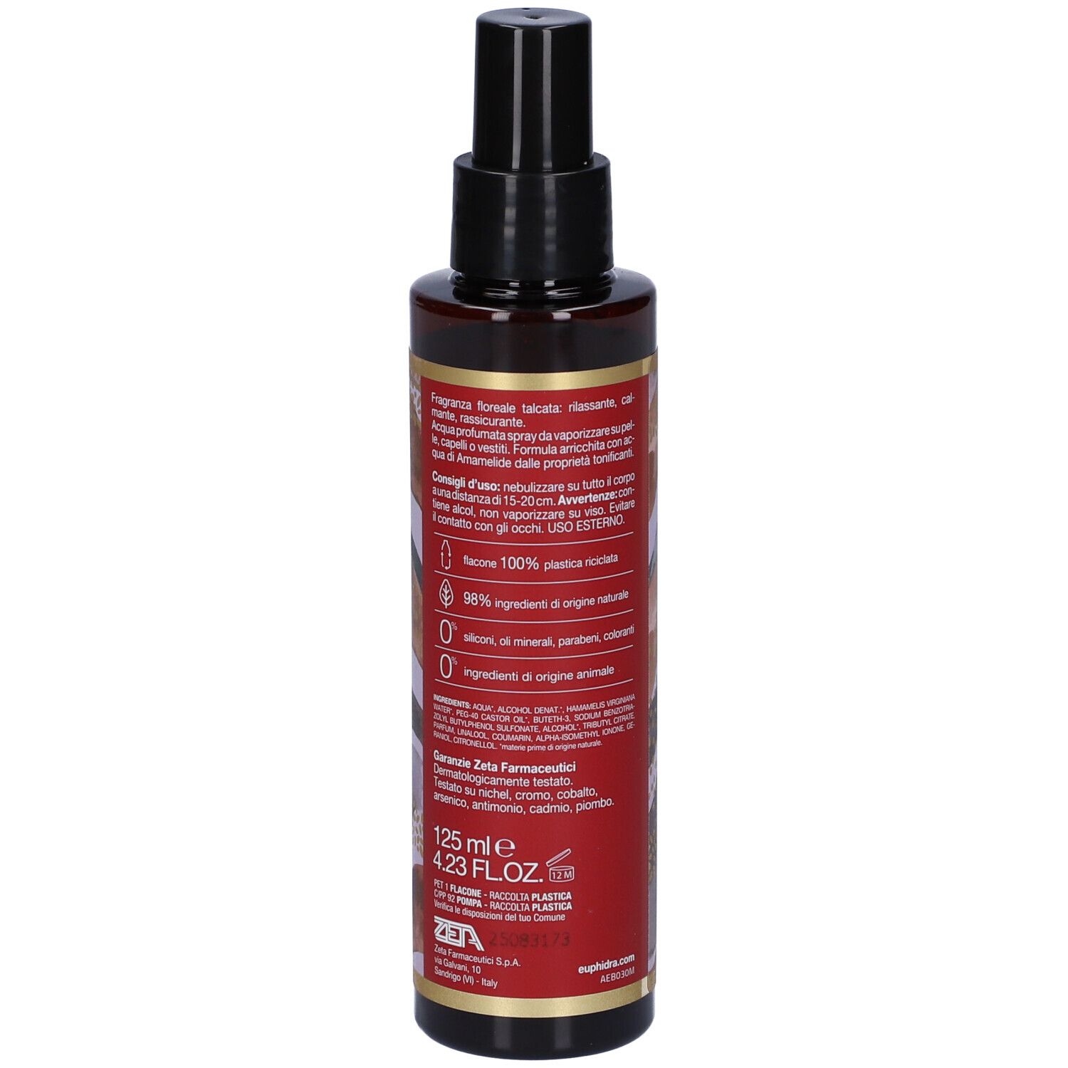 Rückseite einer braunen Flasche mit schwarzem Sprühkopf. Text mit Inhaltsstoffen und Informationen. 125 ml.