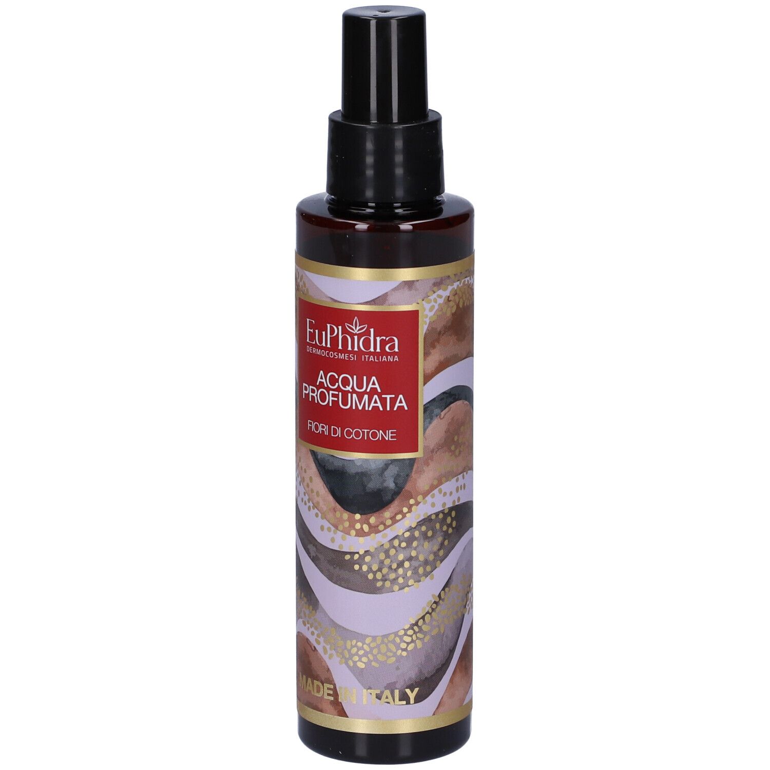 Braune Flasche mit schwarzem Sprühkopf. Aufschrift: EuPhidra, Acqua Profumata, Fiori di Cotone. Made in Italy.