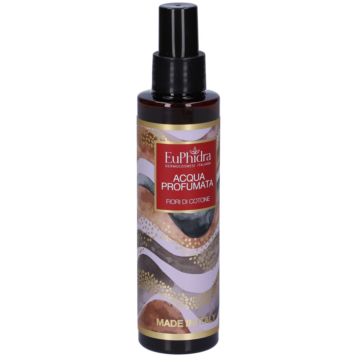 Braune Flasche mit schwarzem Sprühkopf. Aufschrift: EuPhidra, Acqua Profumata, Fiori di Cotone. Made in Italy.