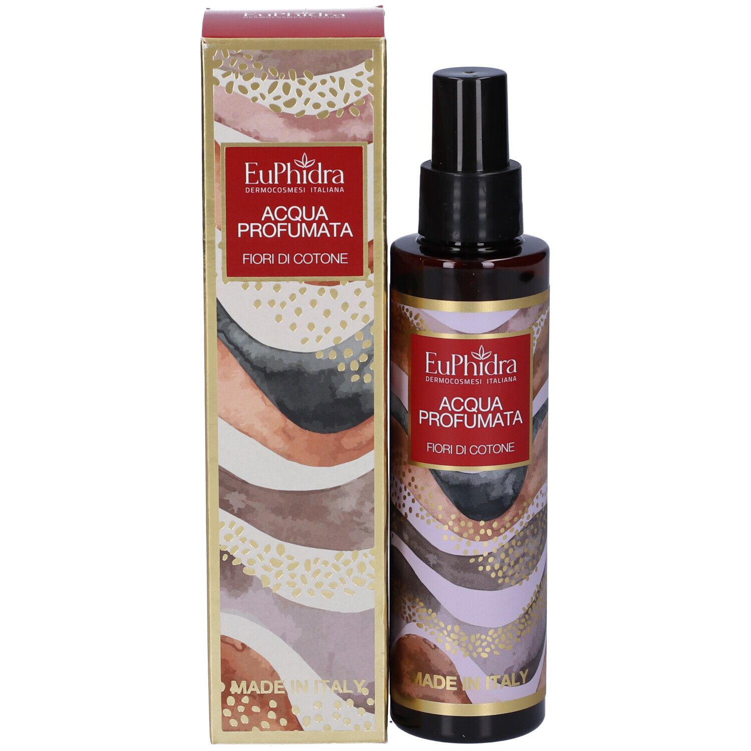 Produkt mit Verpackung. Braune Flasche mit schwarzem Sprühkopf und Karton. Aufschrift: EuPhidra, Acqua Profumata, Fiori di Cotone.
