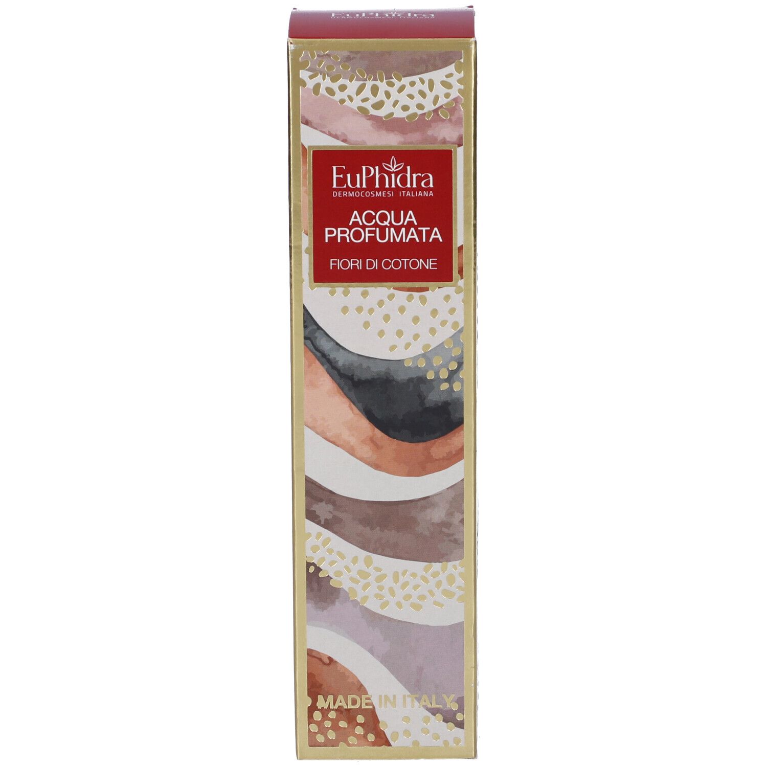 Kartonverpackung. Aufschrift: EuPhidra, Acqua Profumata, Fiori di Cotone. Made in Italy.